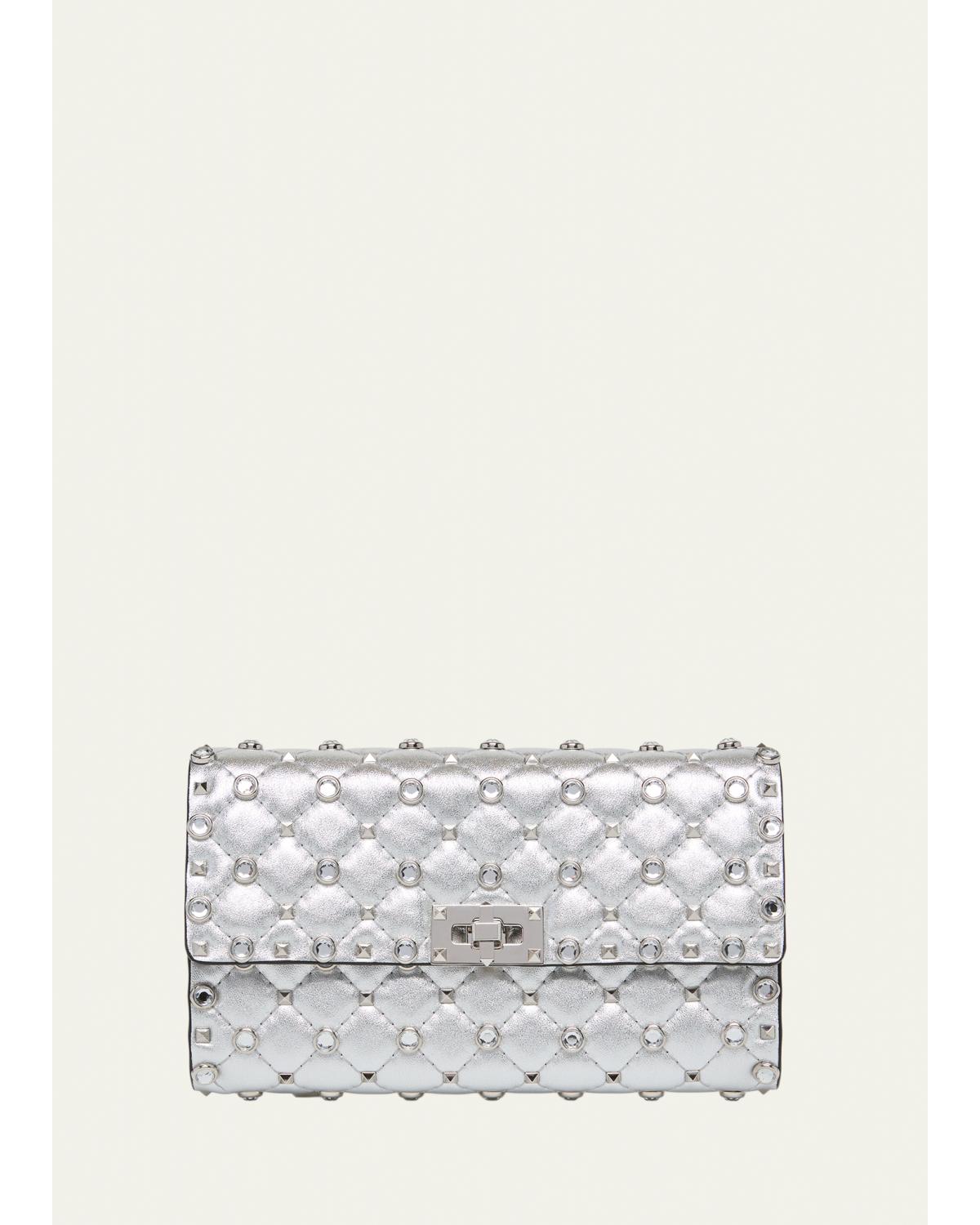 Quilted Metallic Leather Rockstud & Rhinestone Shoulder Bag