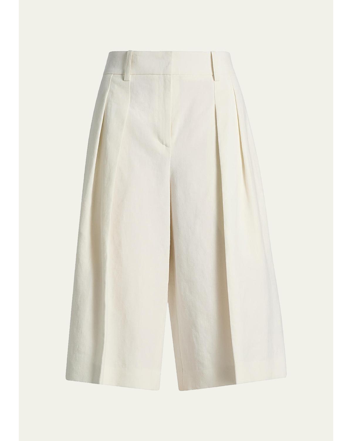 Pleated Knee-Length Linen Shorts