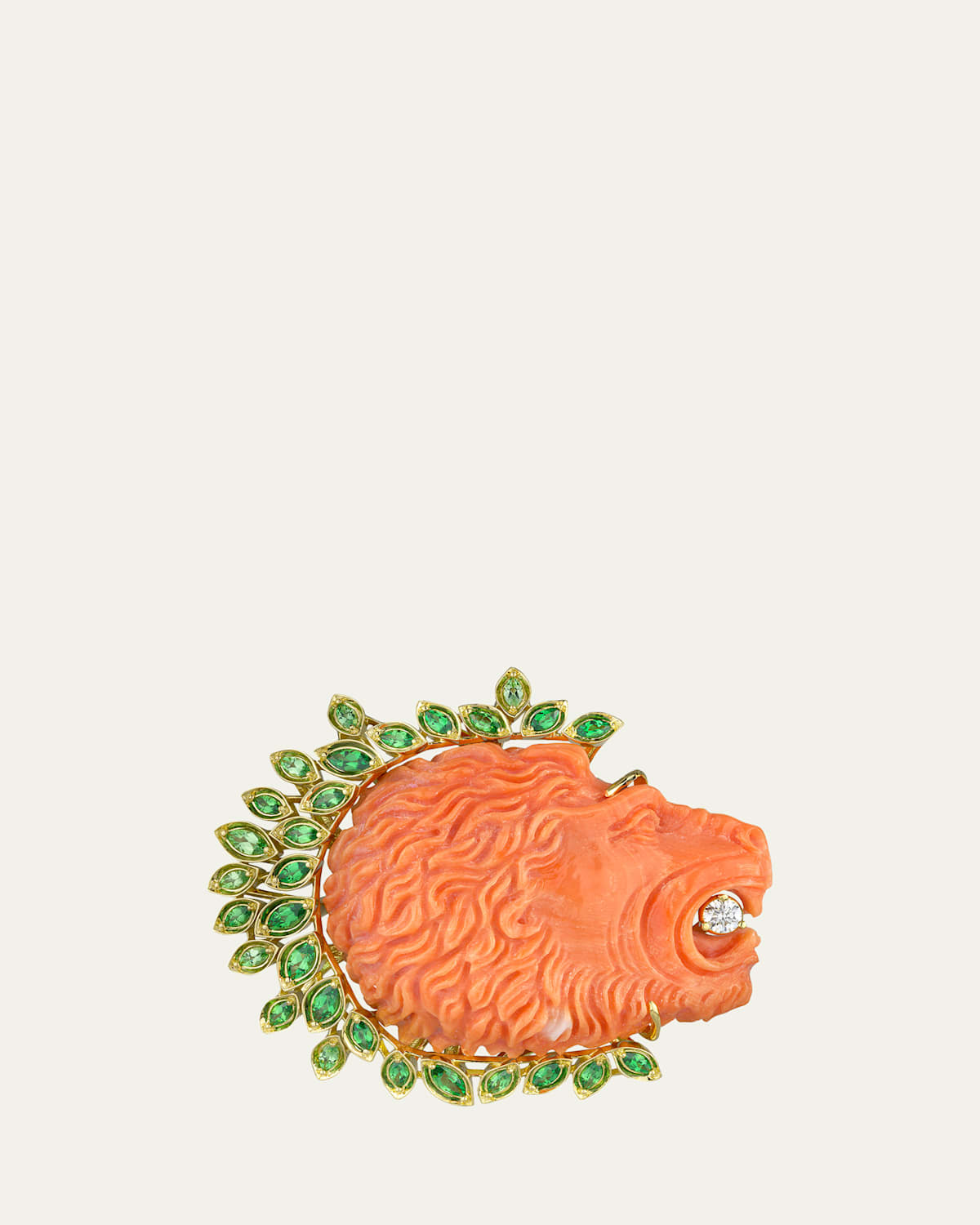 Paul Morelli 18K Yellow Gold Coral Lion Pendant with Tsavorites and Diamond