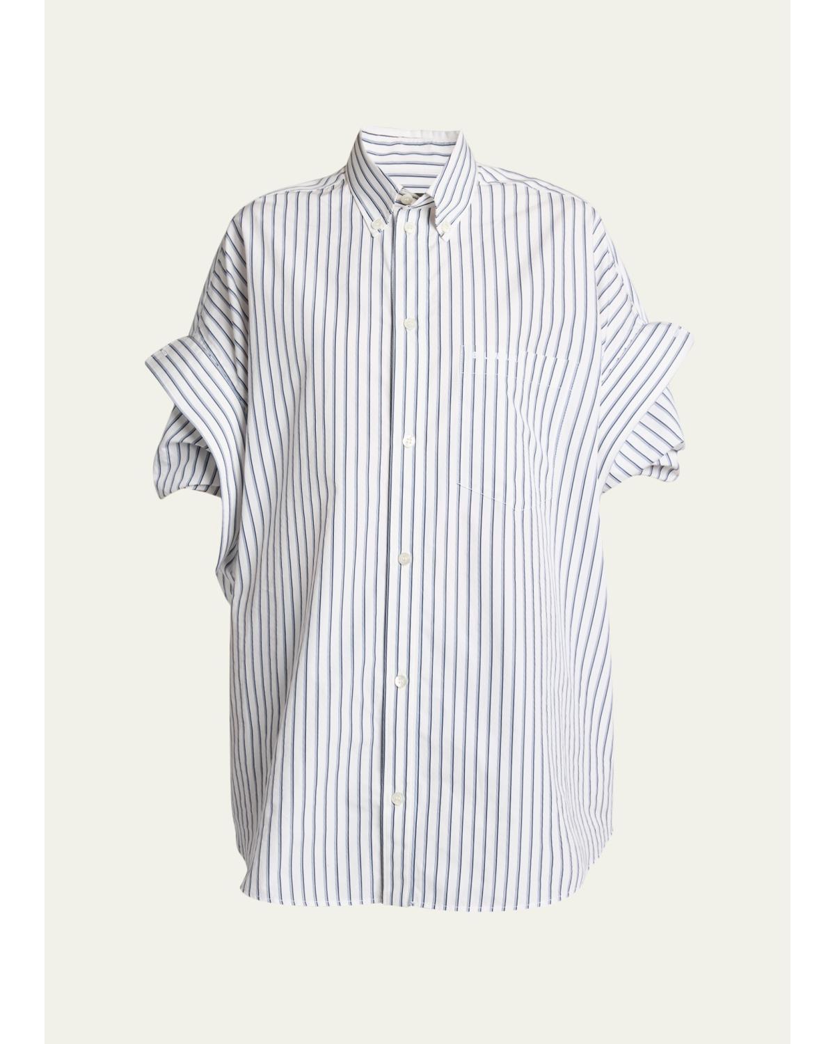 Tucked-Sleeve Striped Poplin Shirt