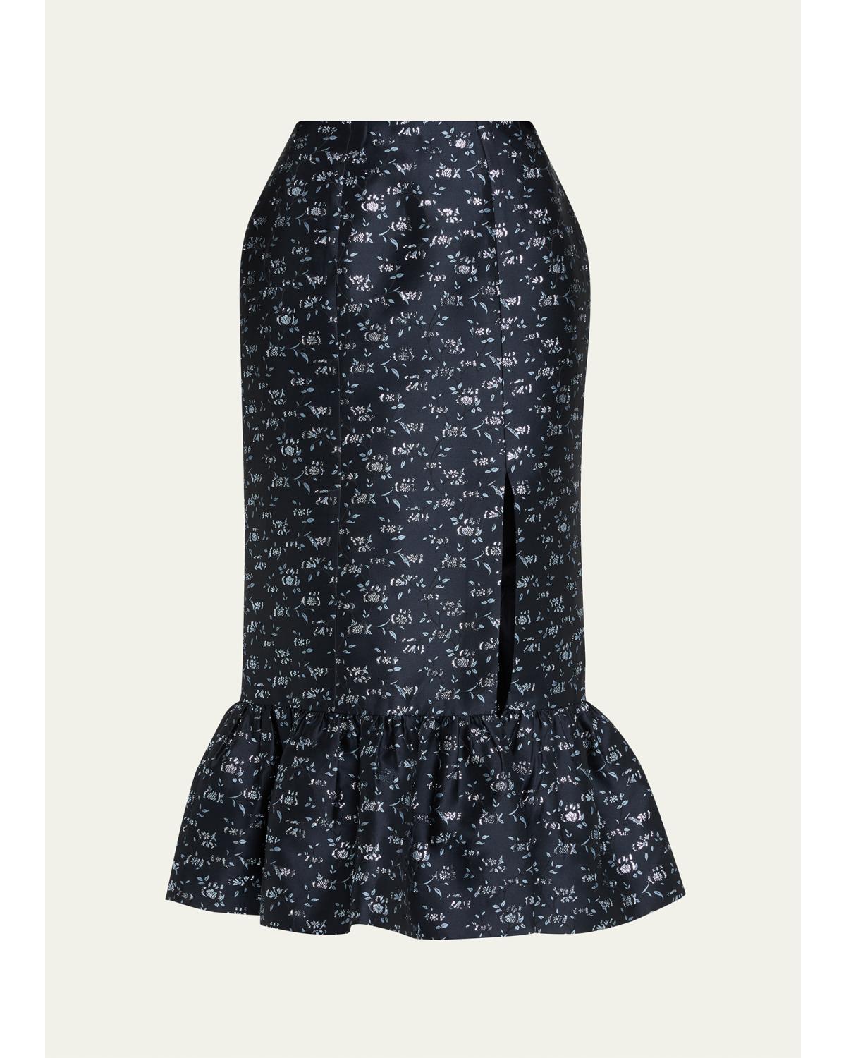 Farinata Floral Twill Ruffle Midi Skirt