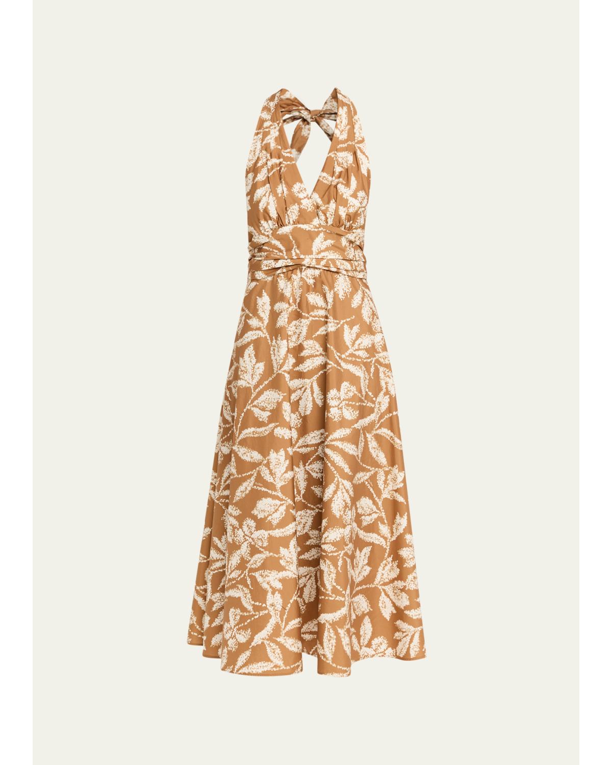 Botanical-Print Halter Midi Dress