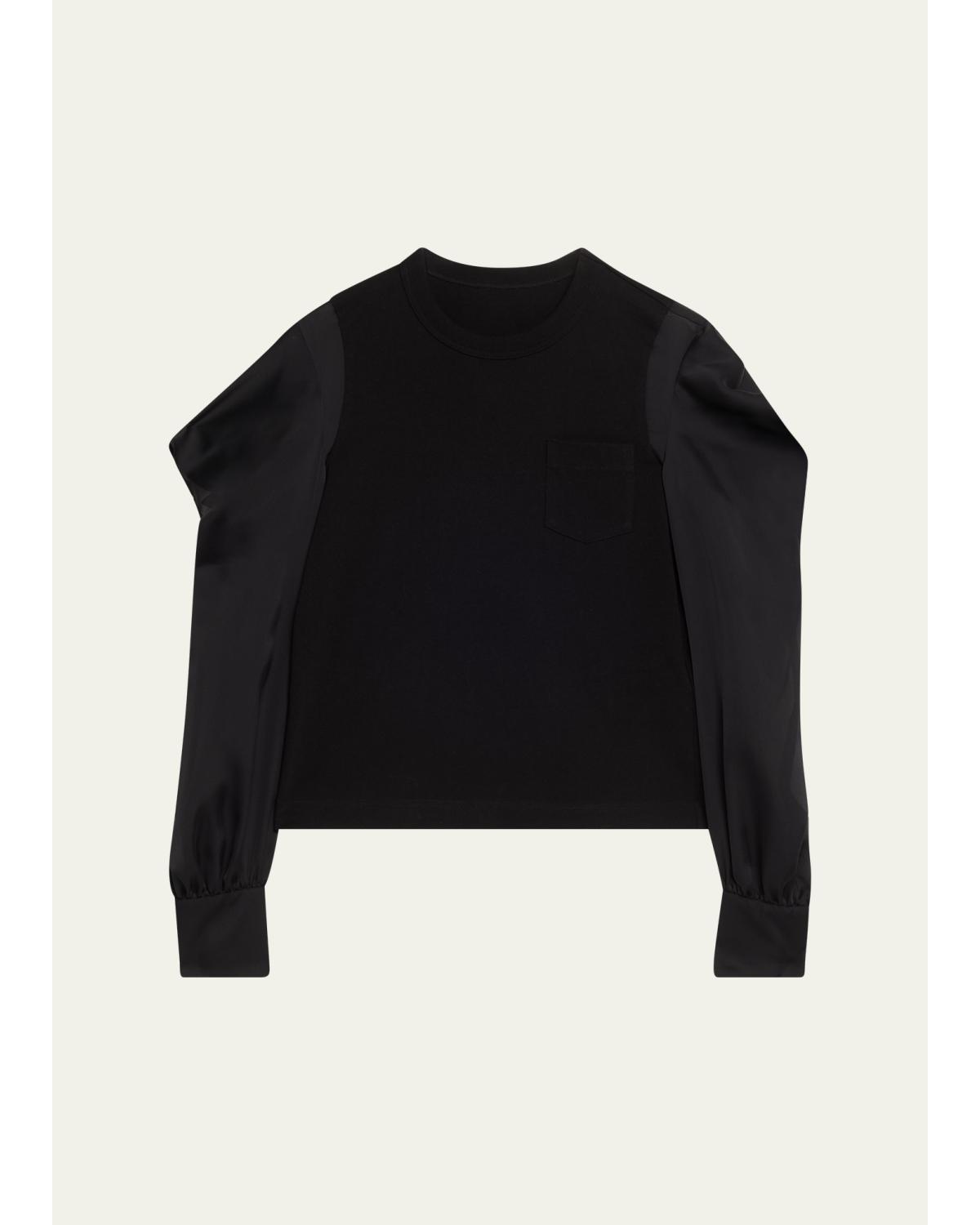 Satin Ruffle Sleeve Cotton Jersey T-Shirt