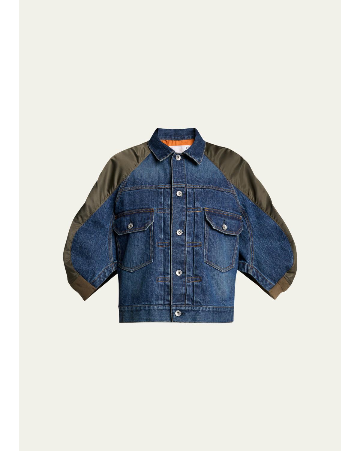Mixed-Media Denim Bomber Jacket