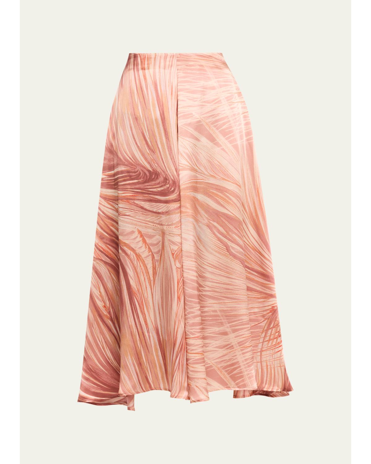 Feather-Print Silk A-Line Midi Skirt