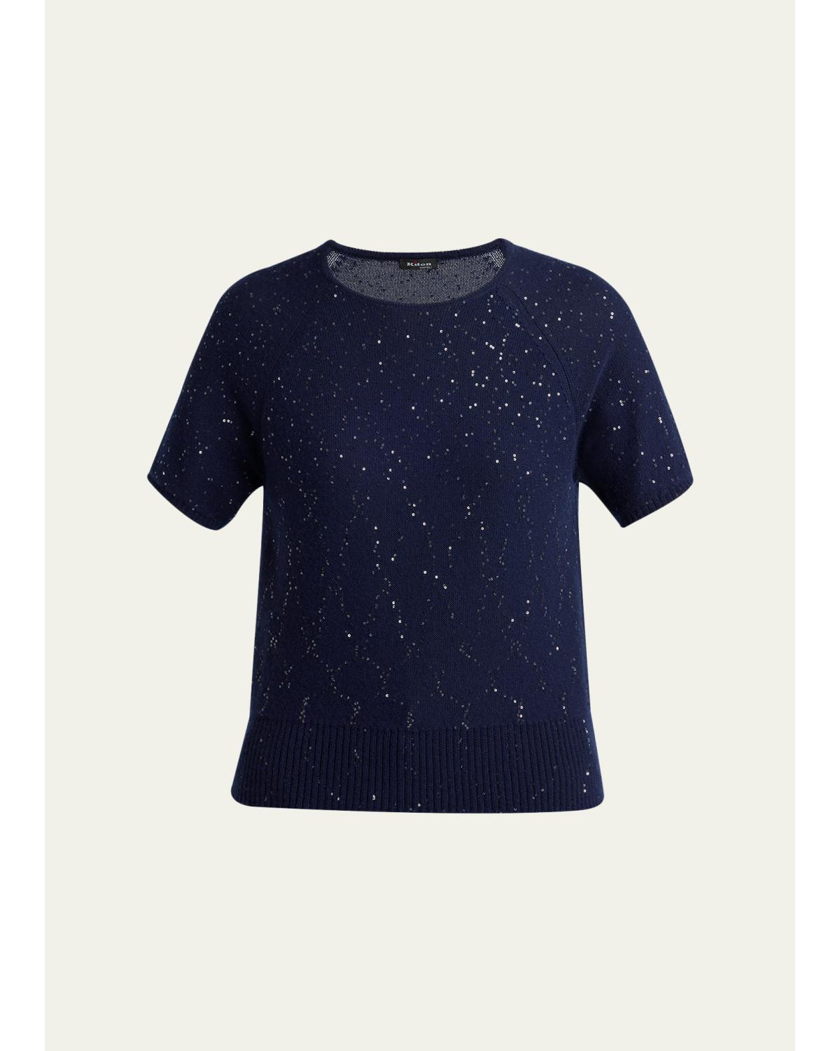 Cashmere Paillette Short-Sleeve Crewneck Sweater