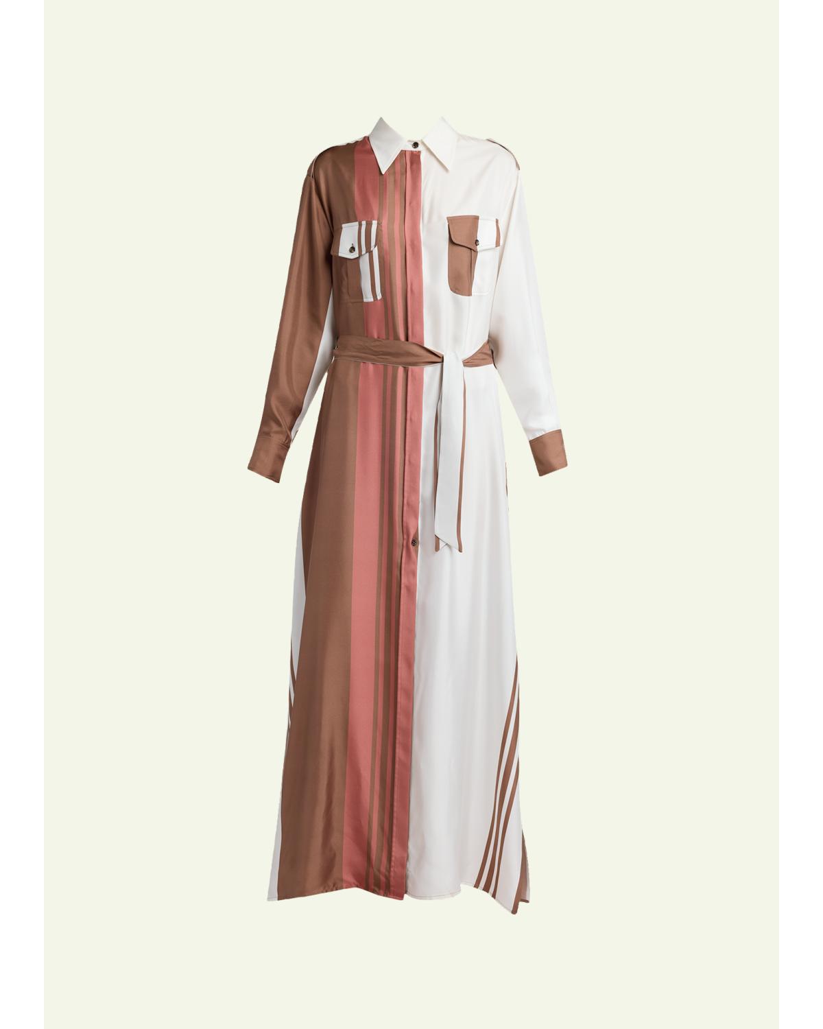Striped Silk Belted Maxi Shirtdress