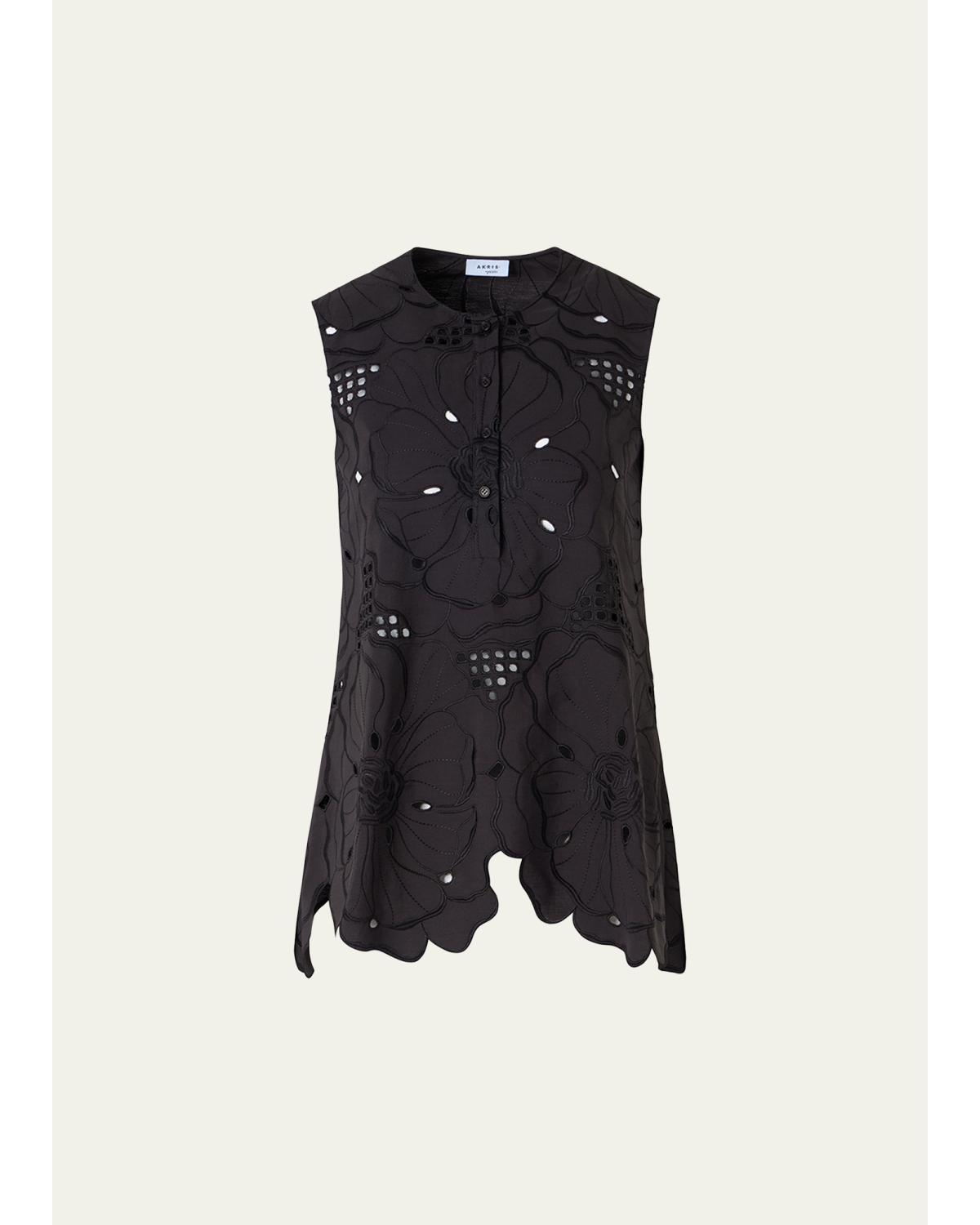 Flower Eyelet Embroidered Cotton Poplin Tunic Blouse