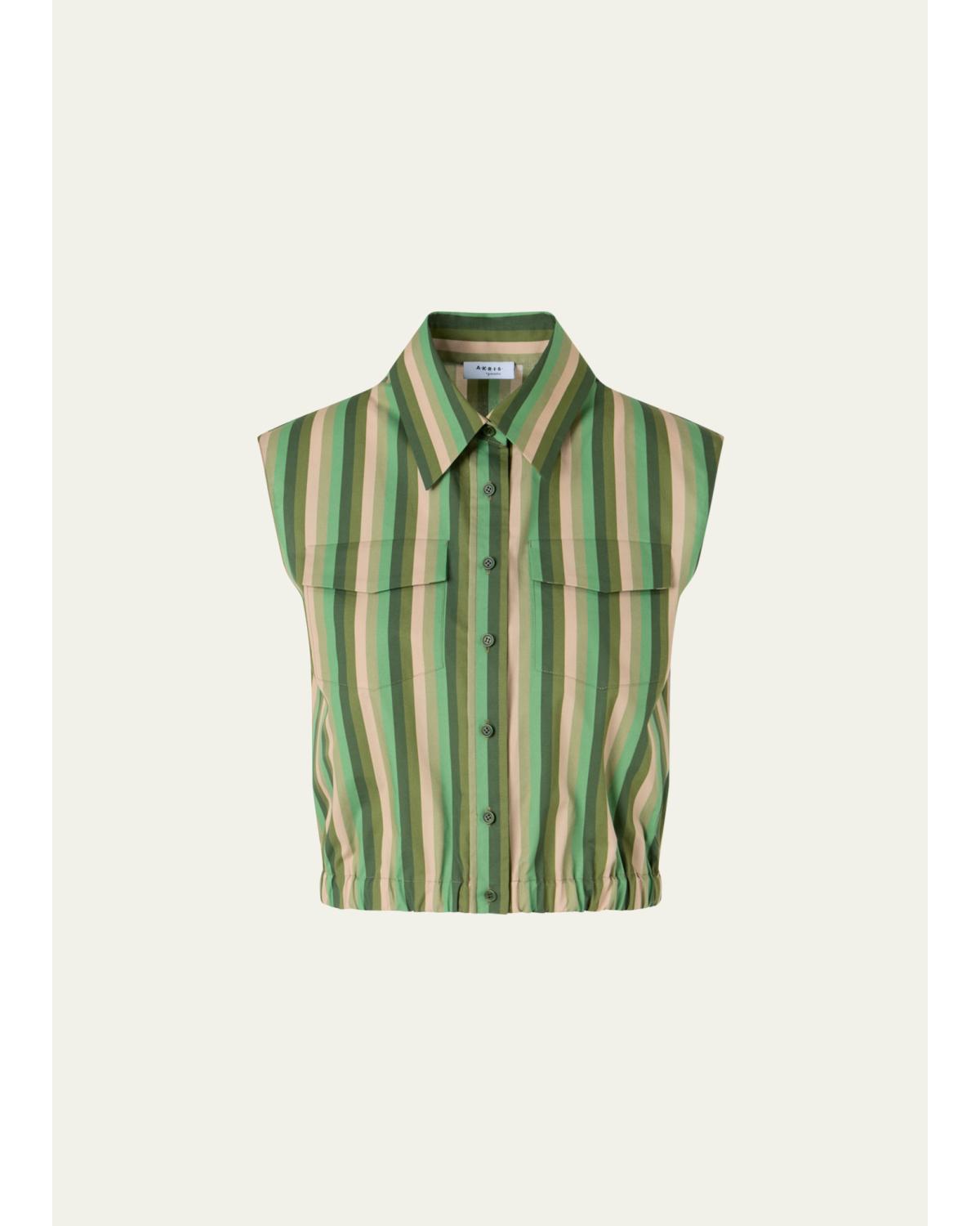 Sleeveless Parasol Striped Cotton Poplin Crop Shirt