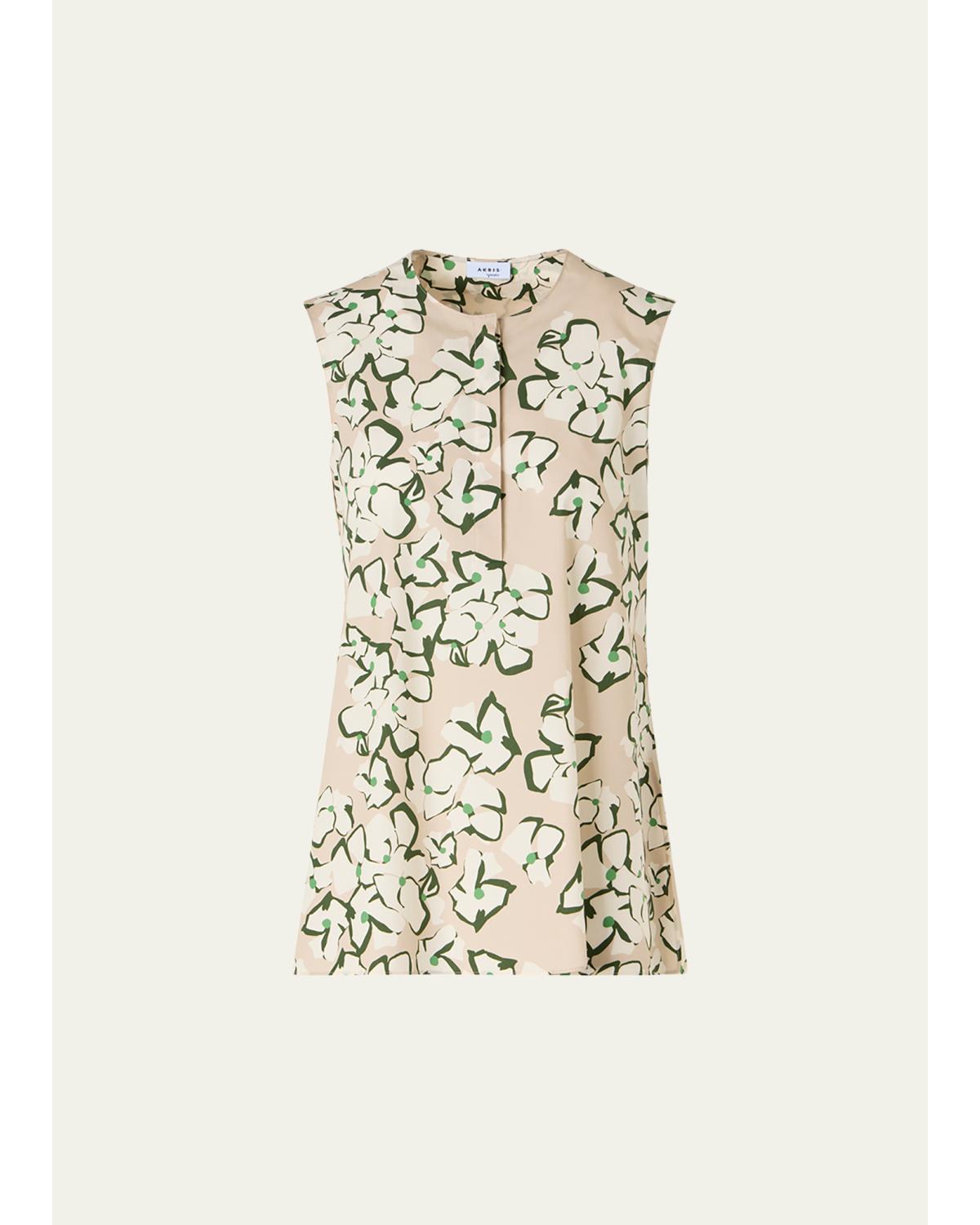Papercut Flower Print Cotton Poplin Sleeveless Tunic Blouse