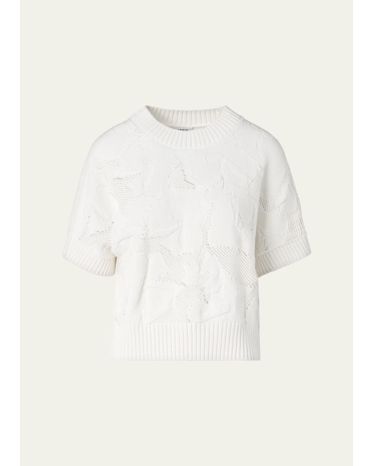Chunky Flower Ajour Knit Short-Sleeve Sweater