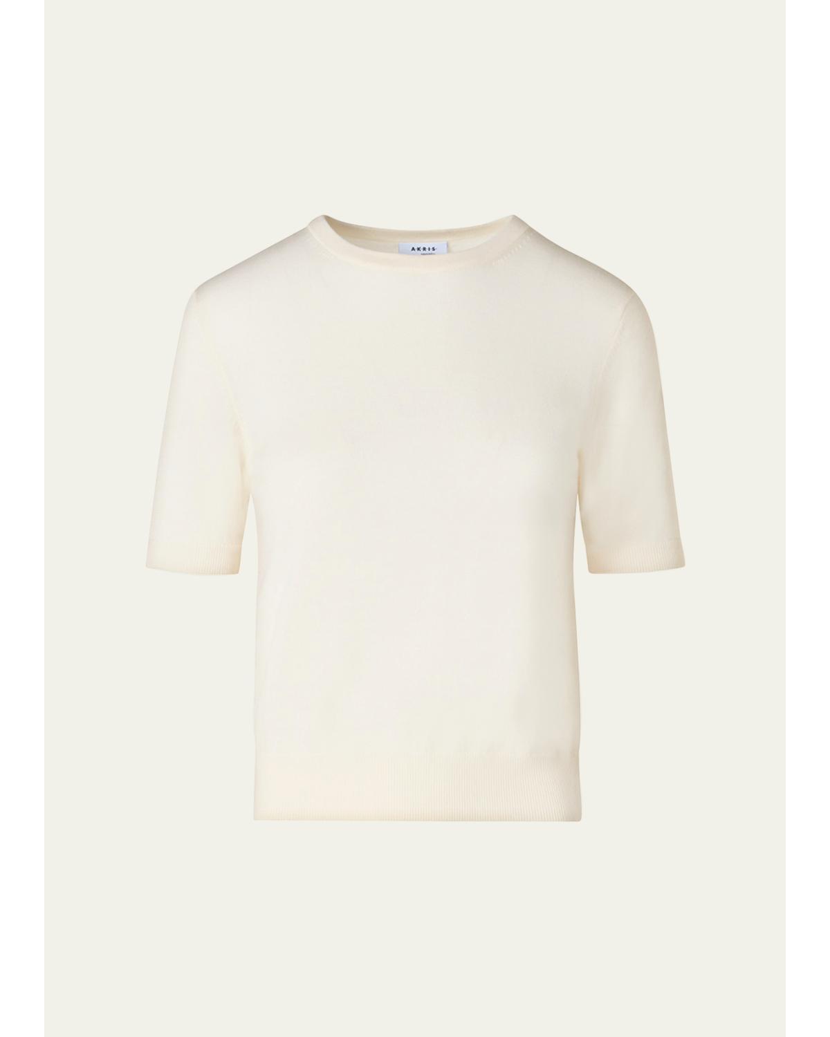 Fine Merino Wool Knit Short-Sleeve Crew Neck Sweater