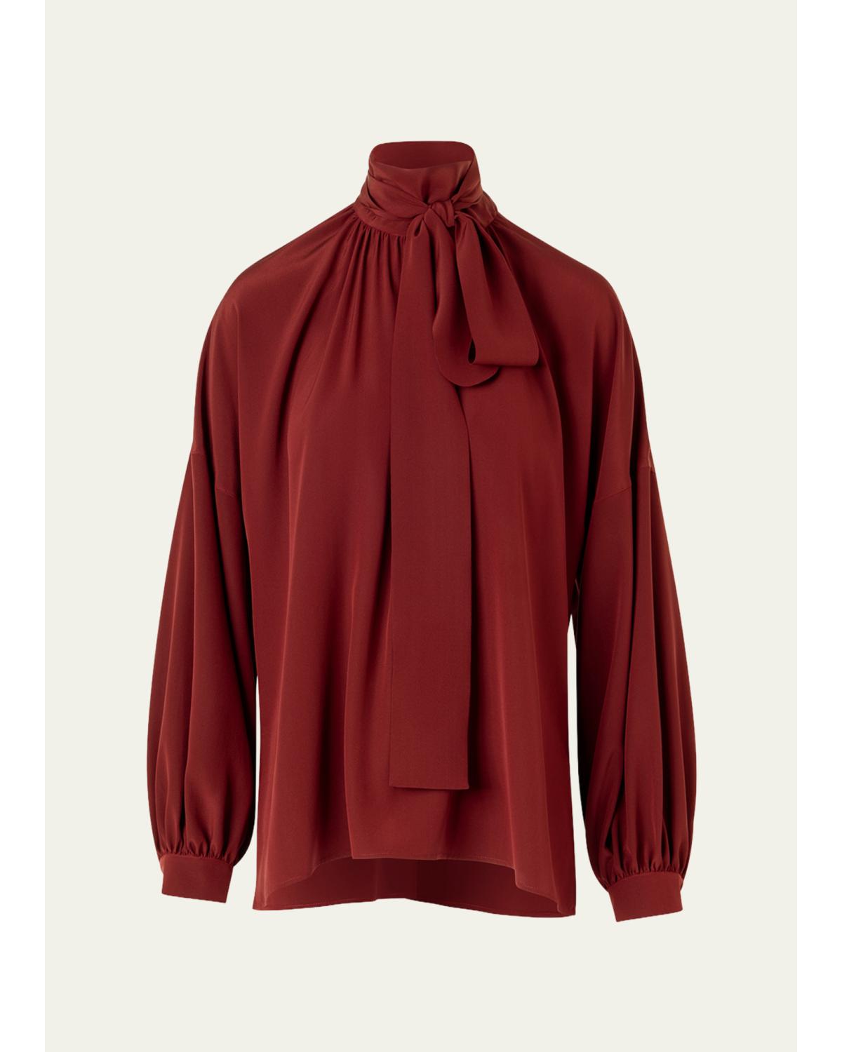 Mock-Neck Bow Tie Silk Crepe De Chine Blouse
