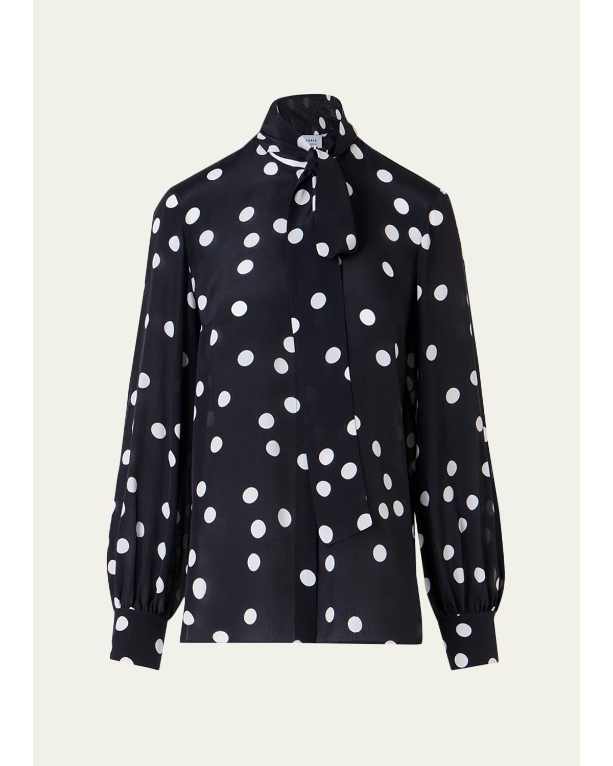 Polka Dot-Print Georgette Neck-Bow Blouse
