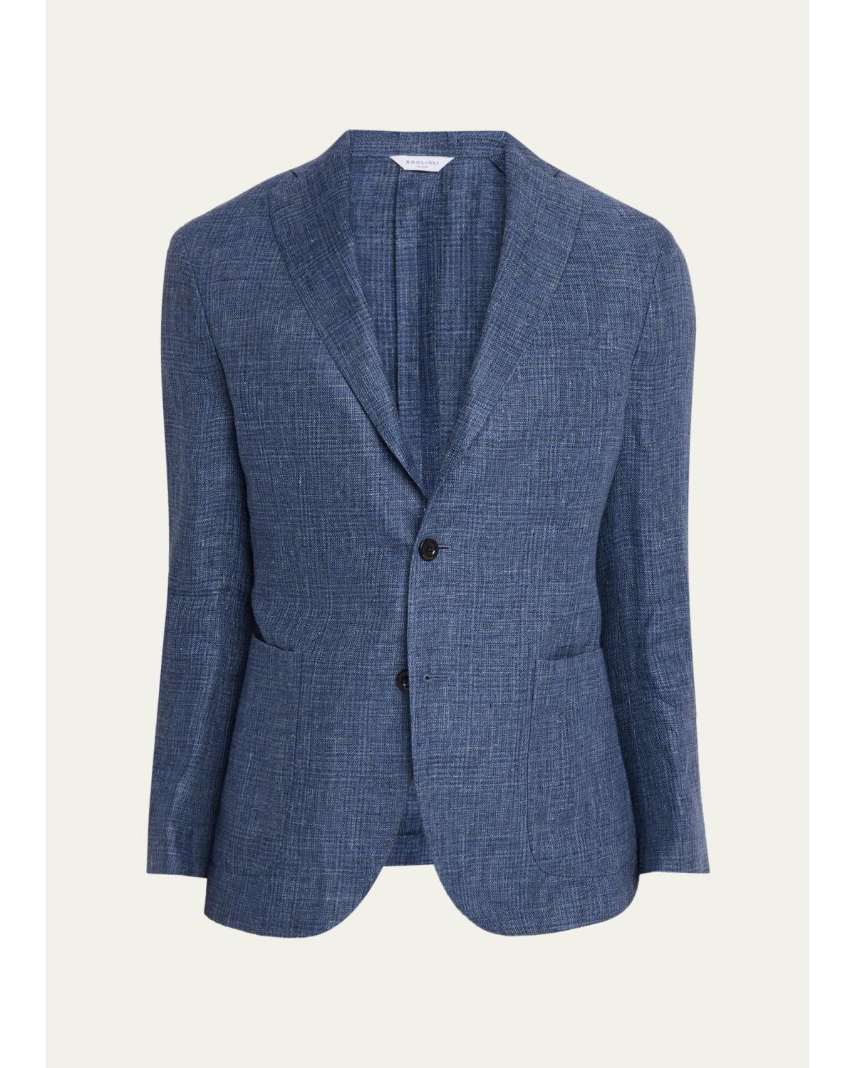 Men'S Plaid Linen Denim Single-Breasted Blazer
