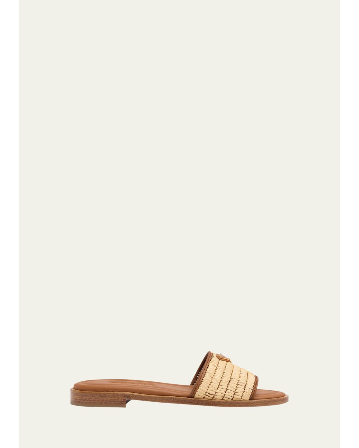 Triangle Logo Raffia Flat Slide Sandals