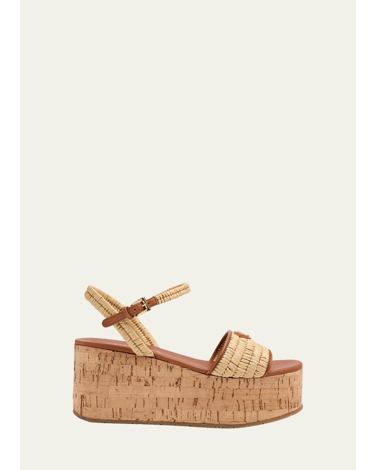 75Mm Triangle Logo Raffia Platform Sandals