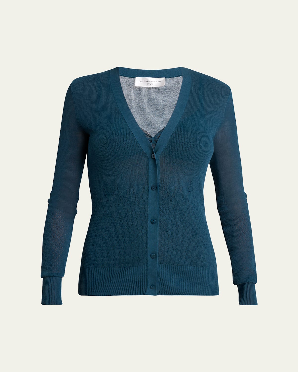 Victoria Beckham Sheer Pointelle Rib V-neck Cardigan In Blue