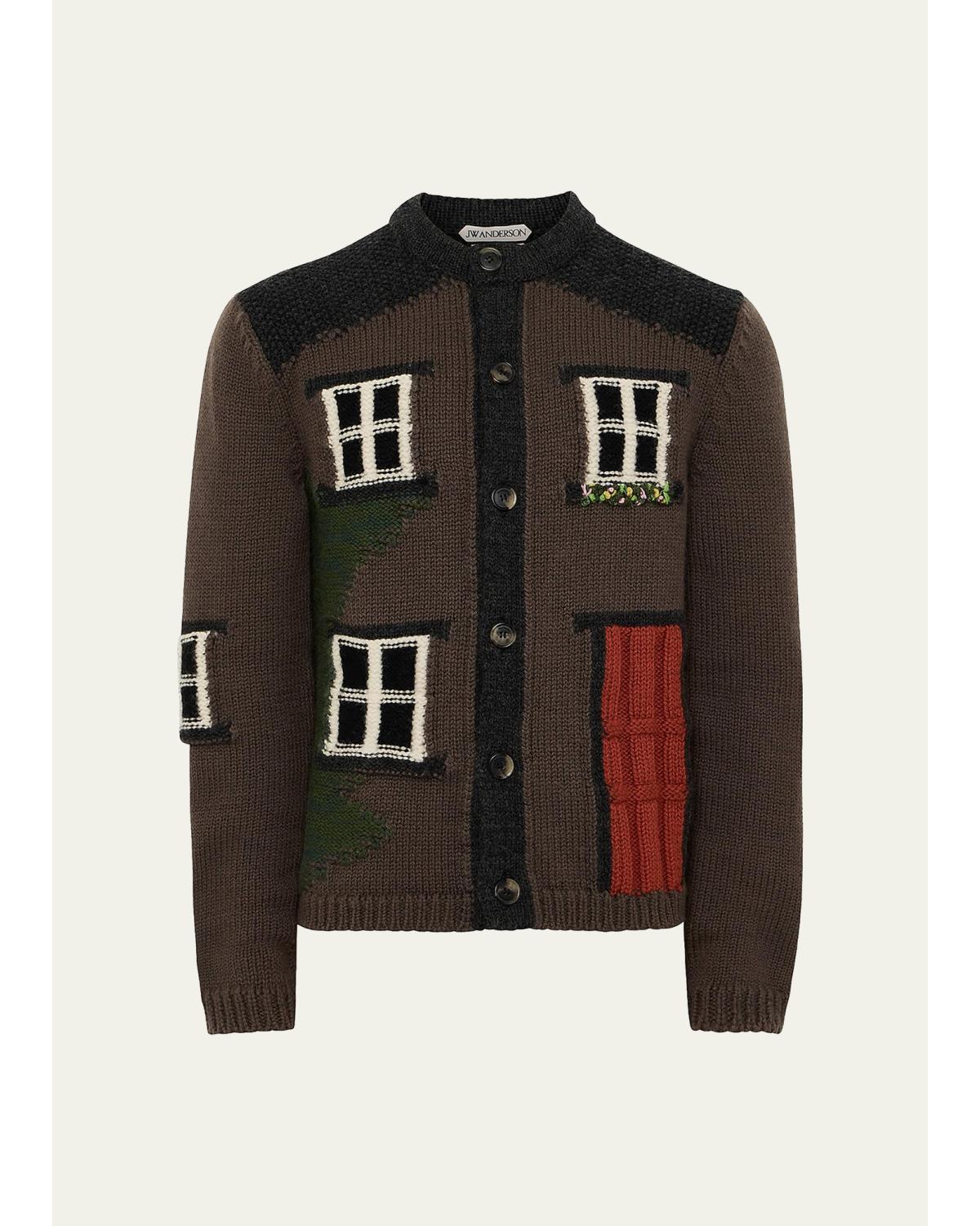 Mens House Intarsia Knit Polo Cardigan