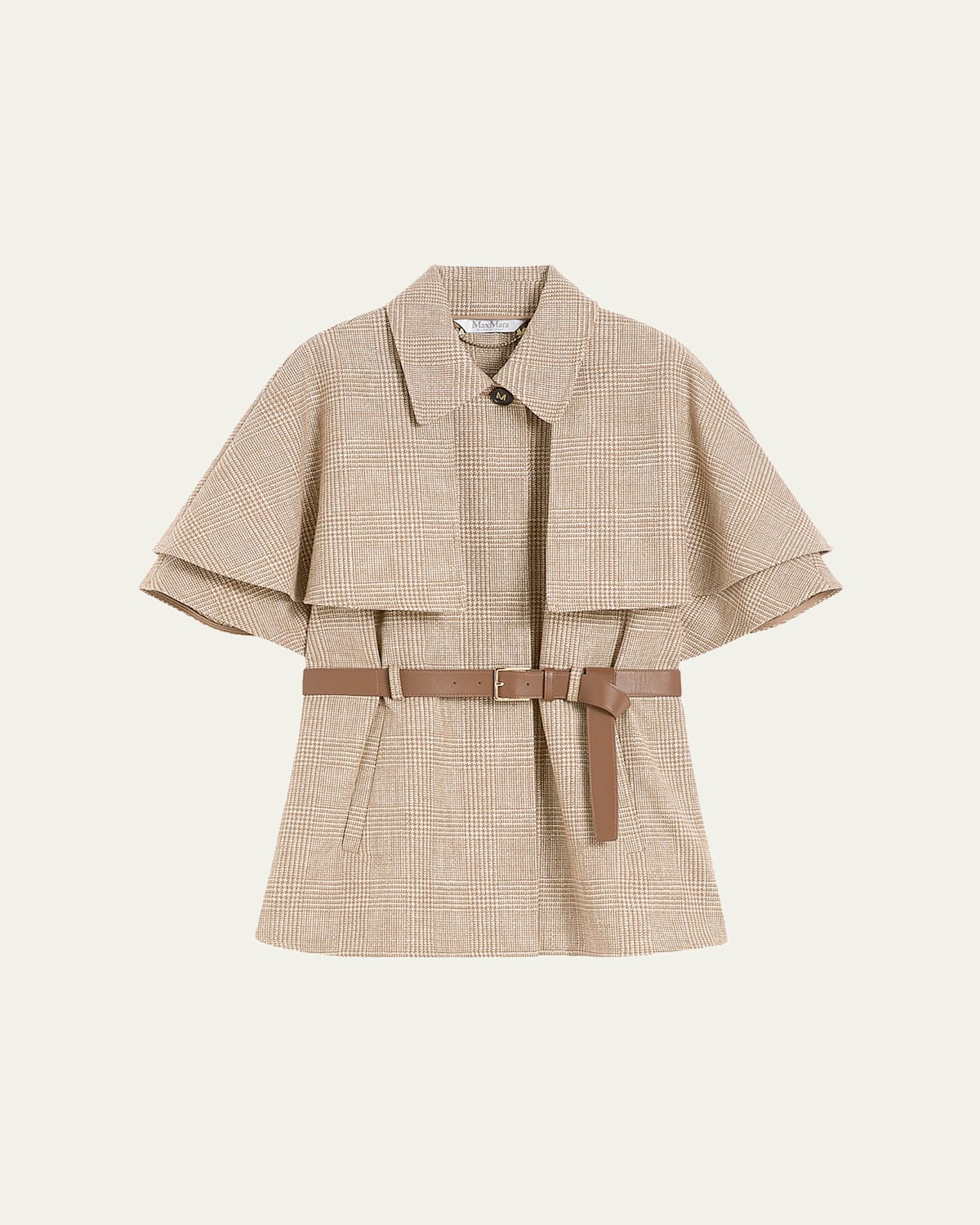 Max Mara Glen Plaid Cotton Cloak With Leather Belt In Brown
