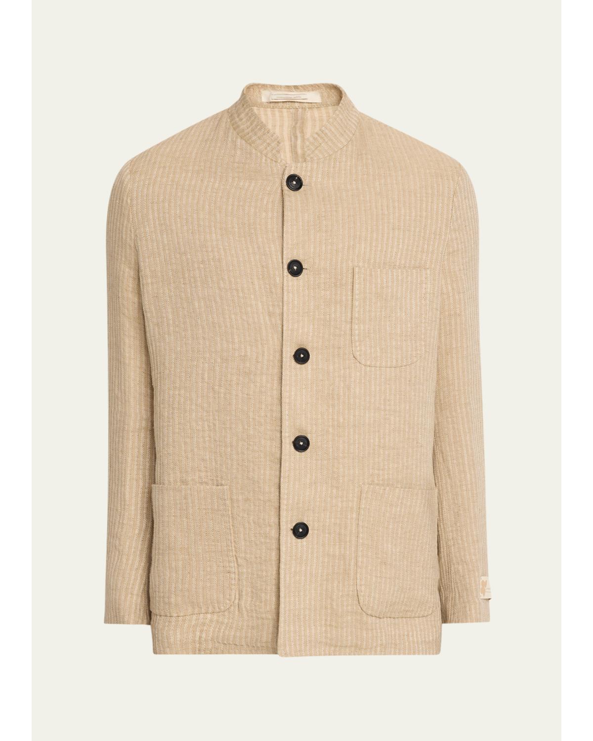 Men'S Linen And Cotton Band-Collar Stripe Jacket