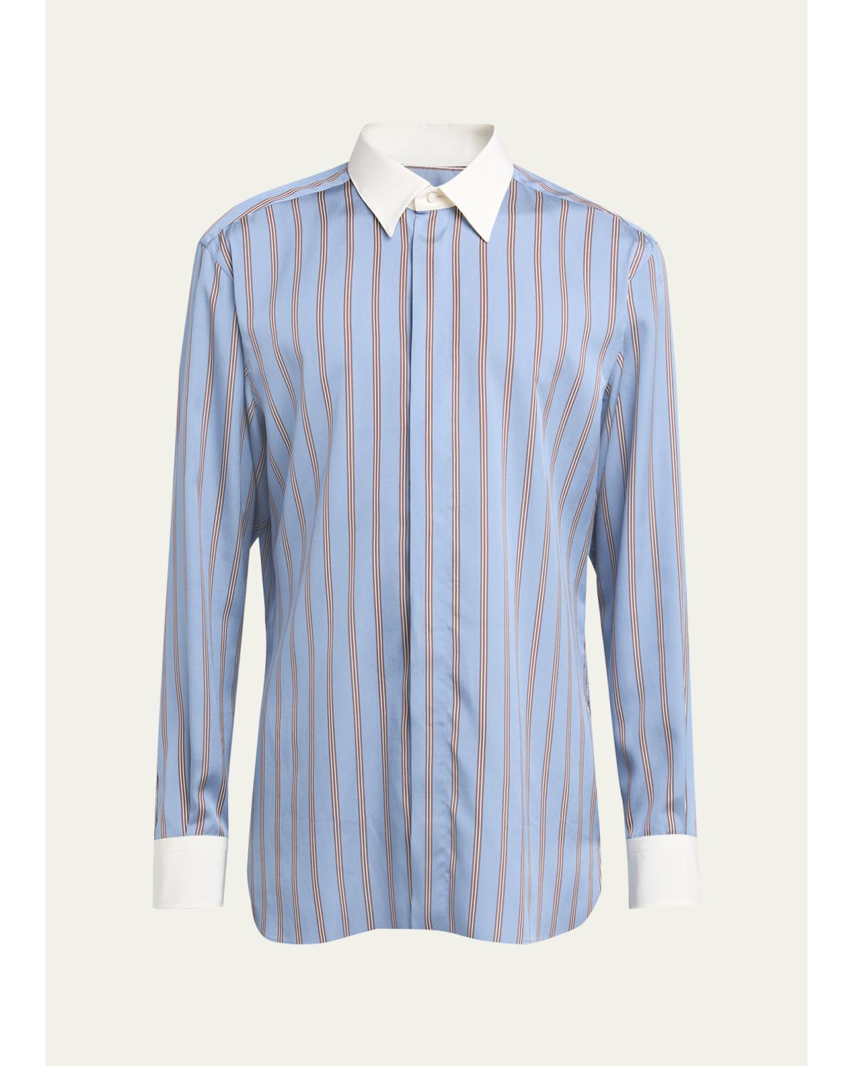 Men'S Stripe Silk Contrast-Trim Sport Shirt