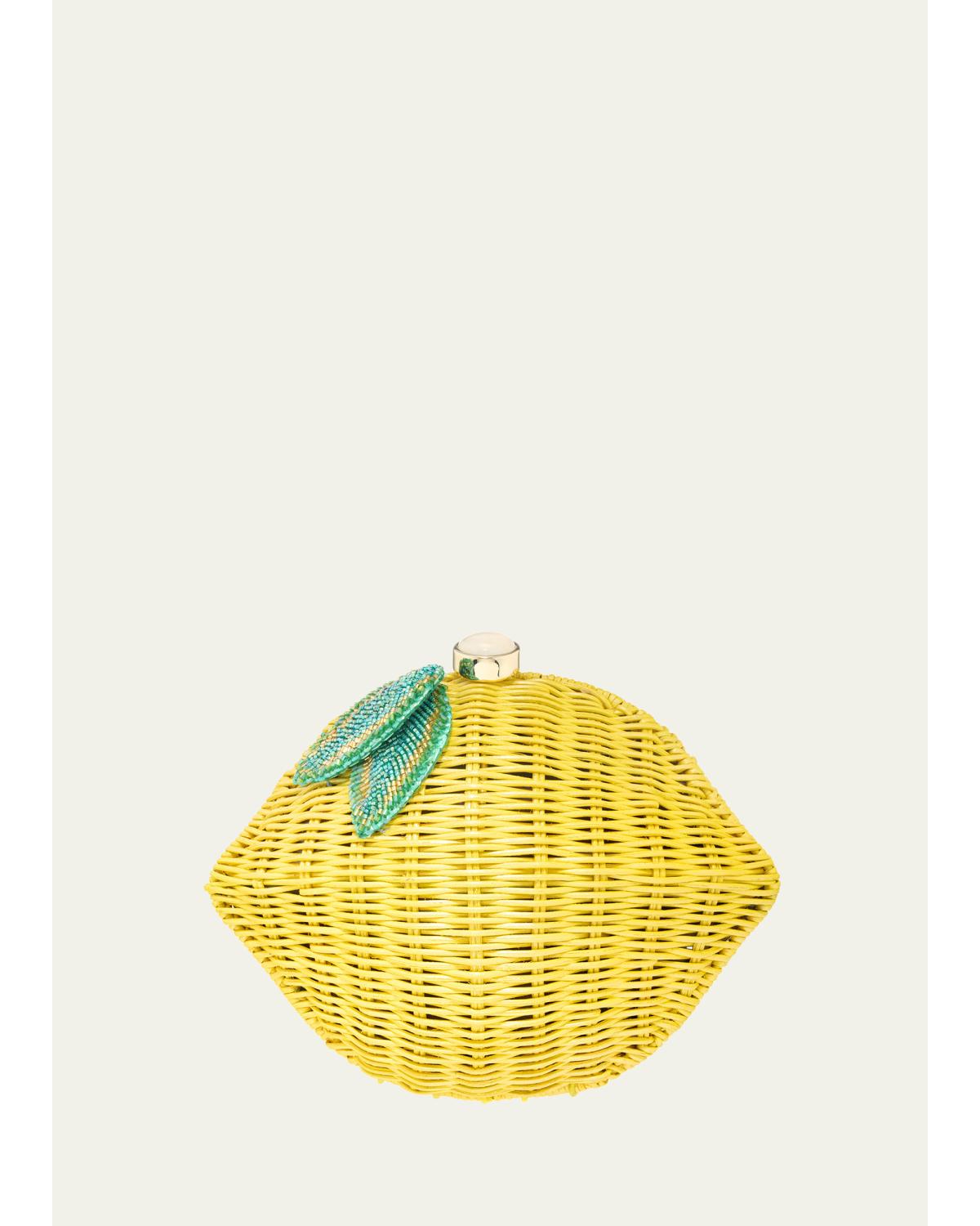 Lemon Basket-Weave Rattan Clutch Bag