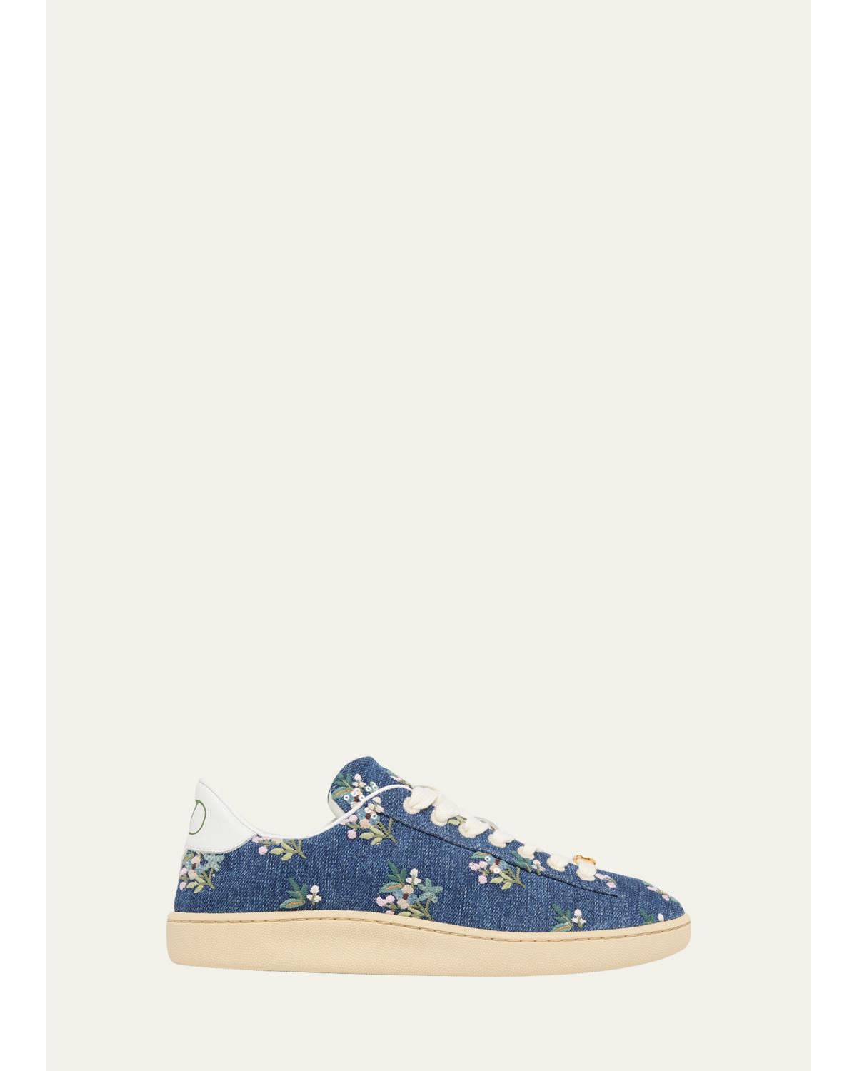 Floral Embroidered Denim Low-Top Sneakers
