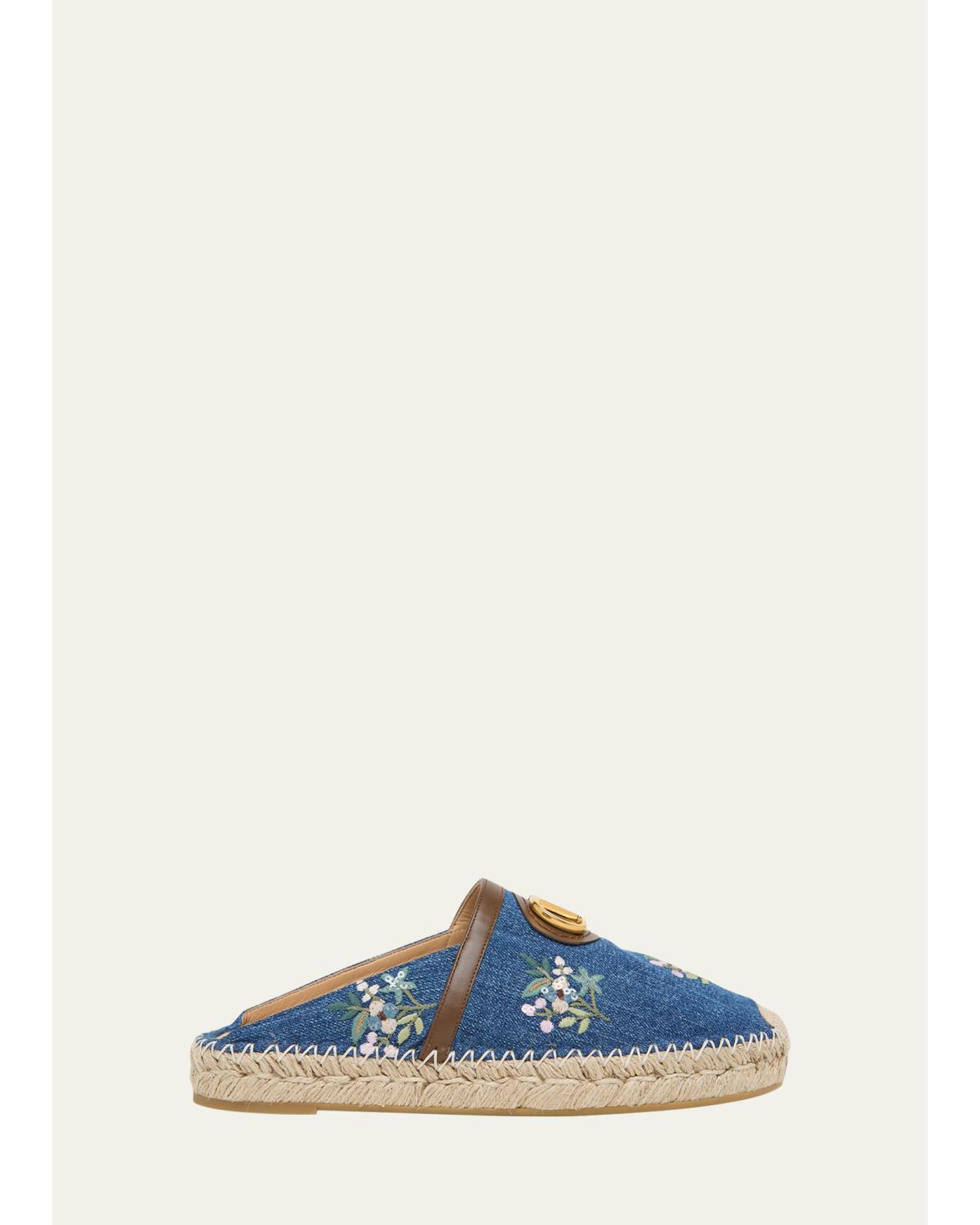 VLogo Floral-Embroidered Denim Espadrille Mules