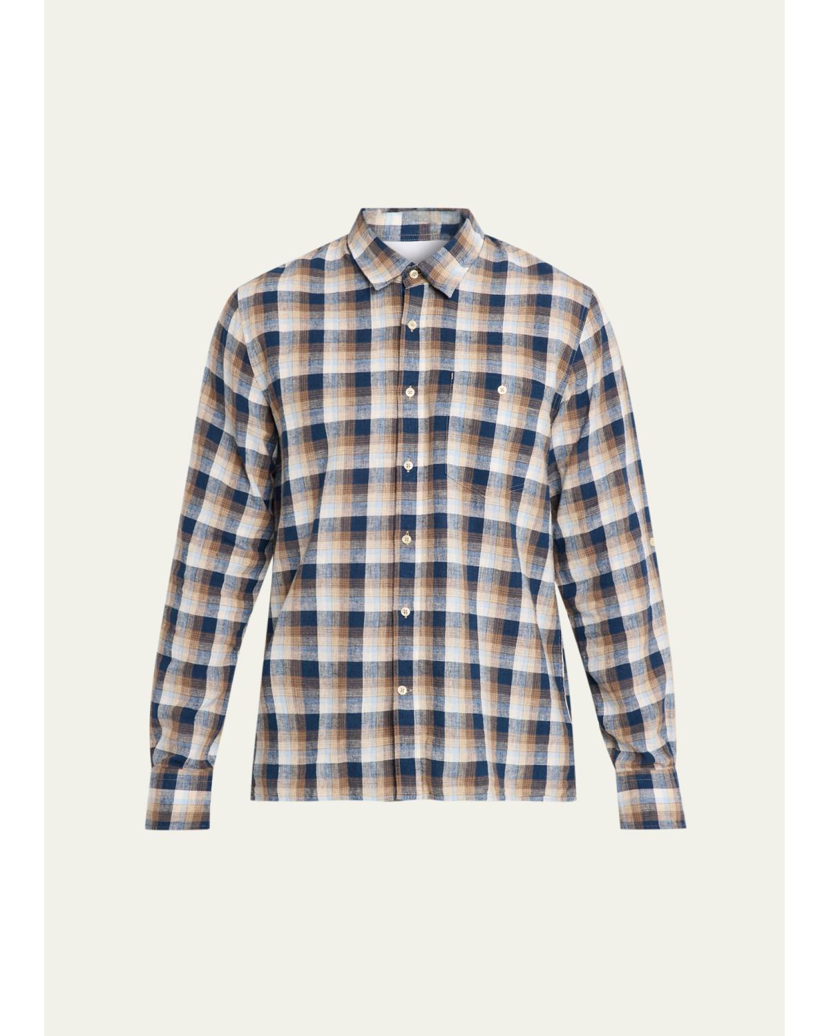 Men'S Younes Cotton And Linen Plaid Button-Down Shirt