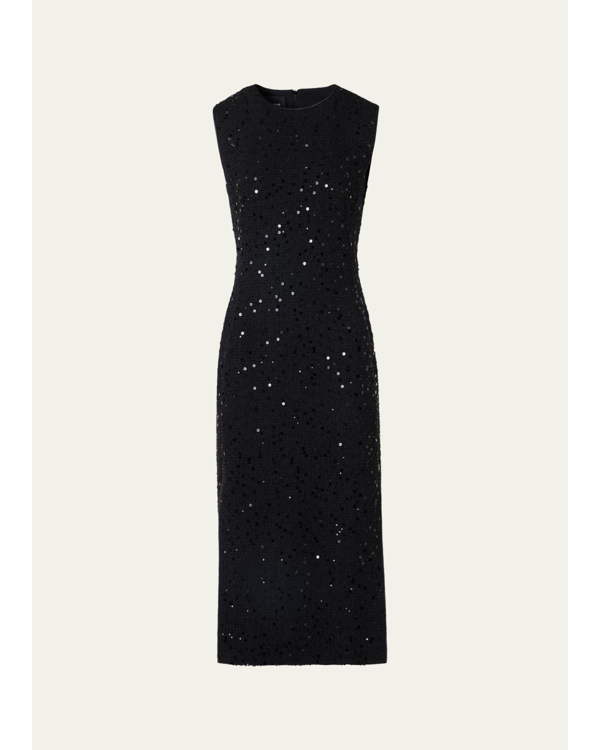 Sequined Tweed Midi Sheath Dress
