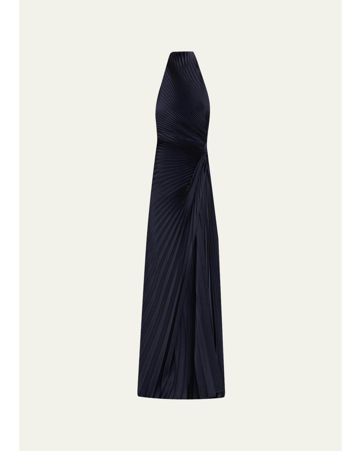 Romy High-Neck Pleated Satin Gown