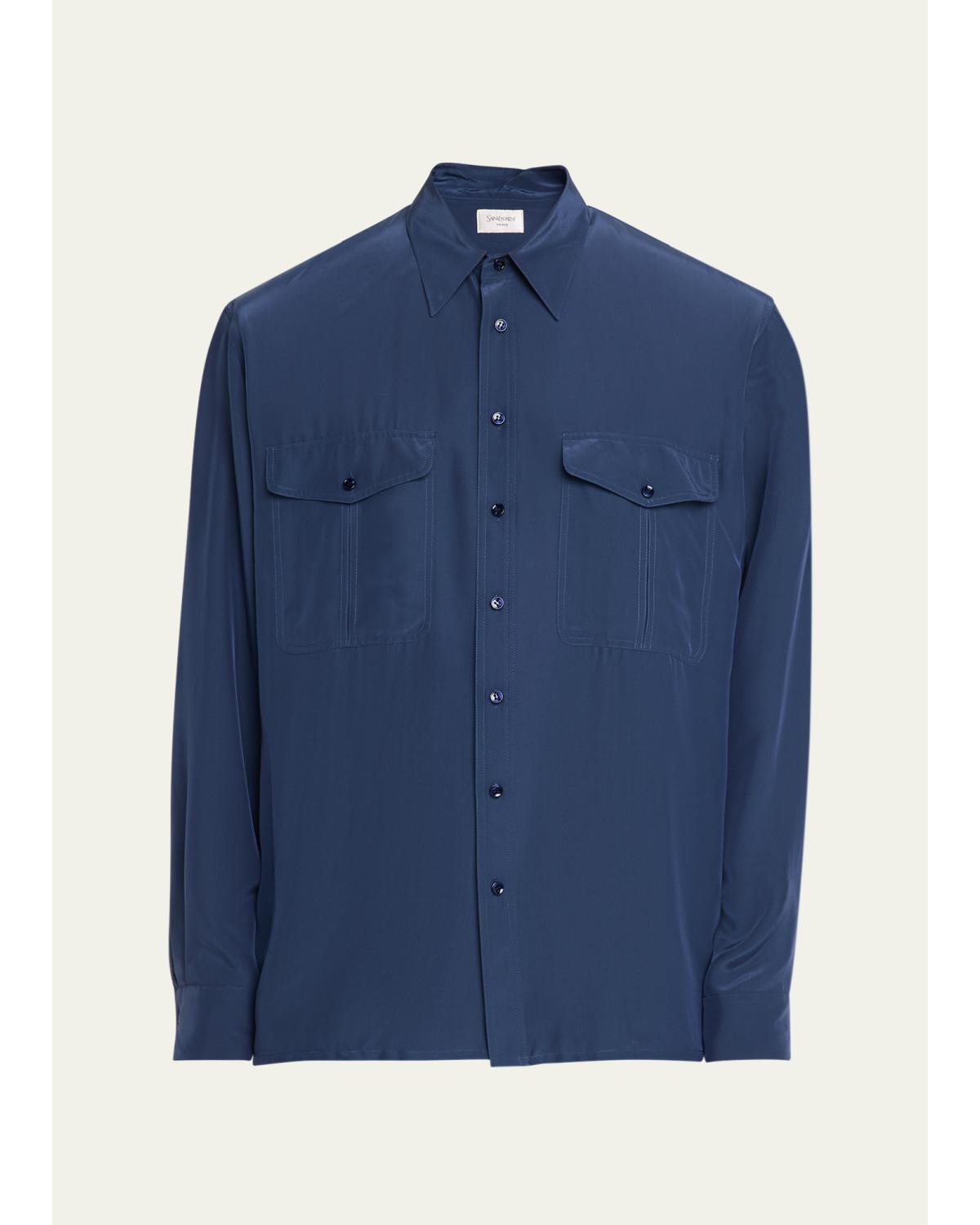 Men'S Viscose And Silk Double-Pocket Button-Down Shirt