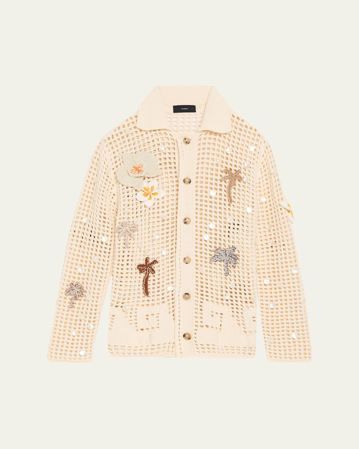 Alanui Where The Waves Begin Embellished Net Knit Collared Cardigan In Sand
