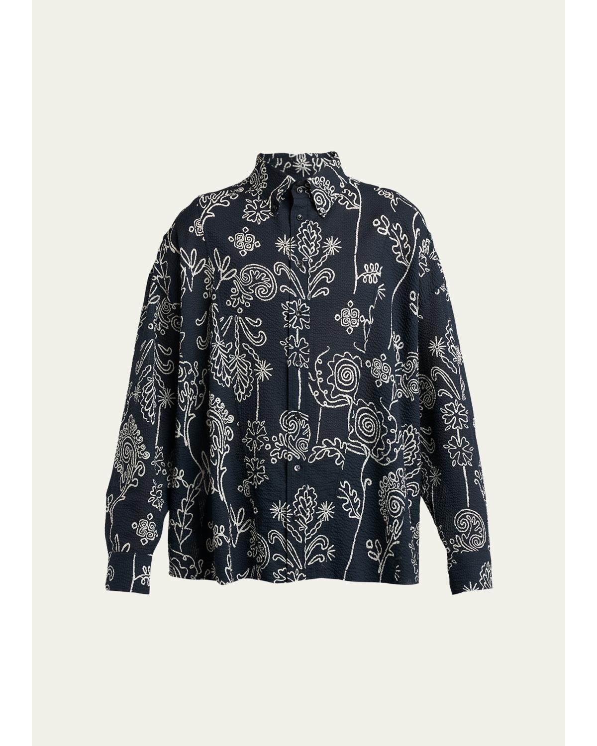 Men'S Textured Cotton Linework Button-Down Shirt