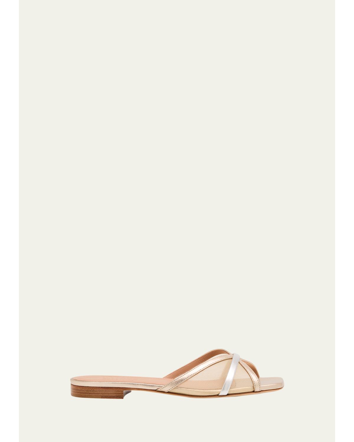 Perla Multi Metallic Leather And Mesh Flat Slide