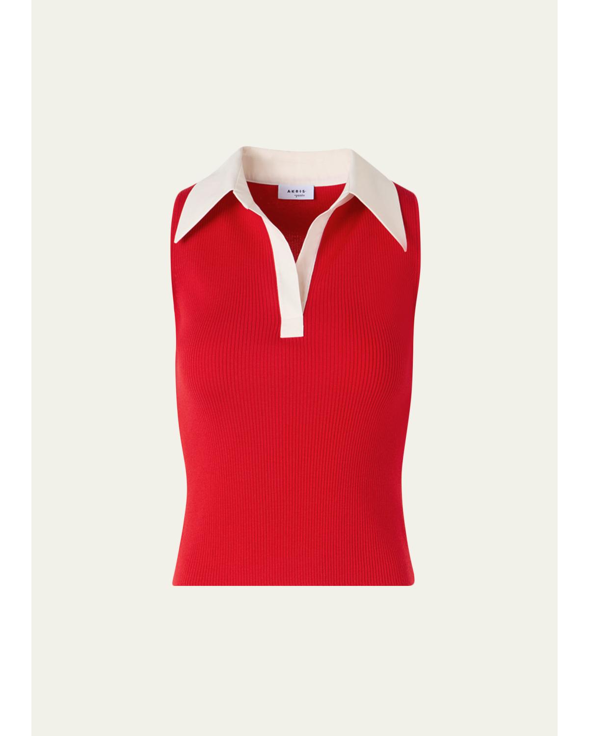 Sleeveless Wool Rib Polo Top
