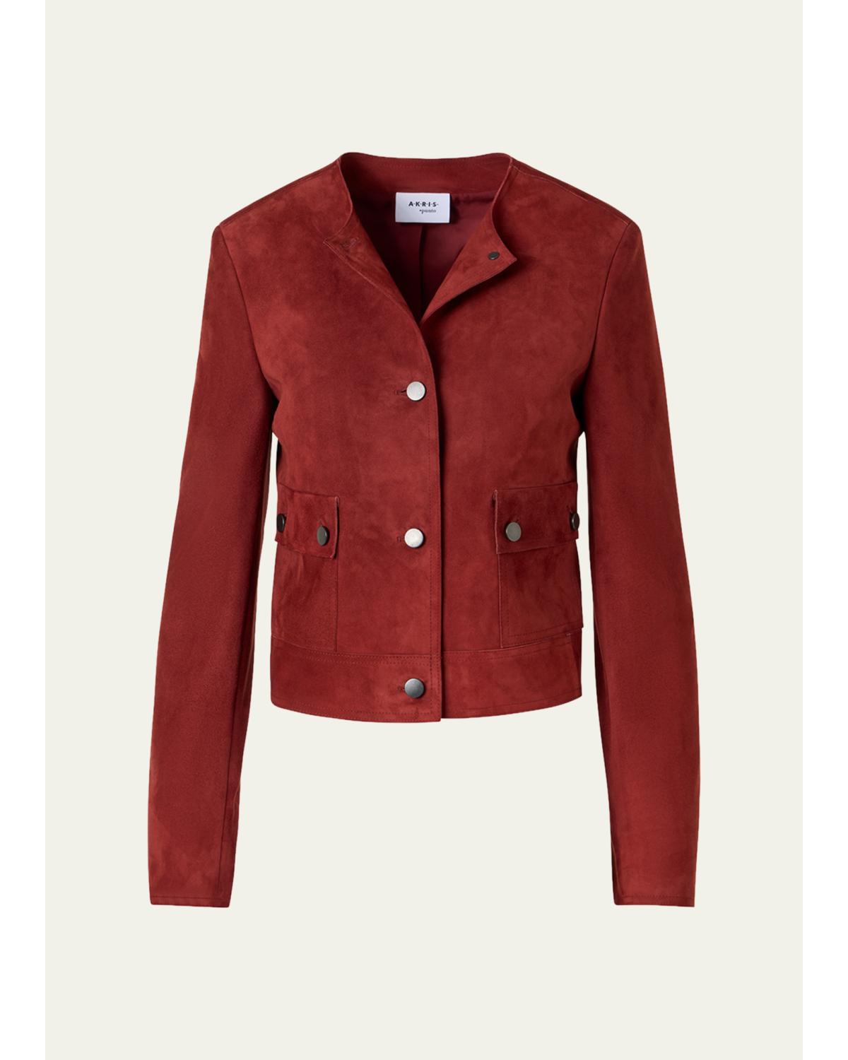 Single-Breasted Suede Collarless Jacket