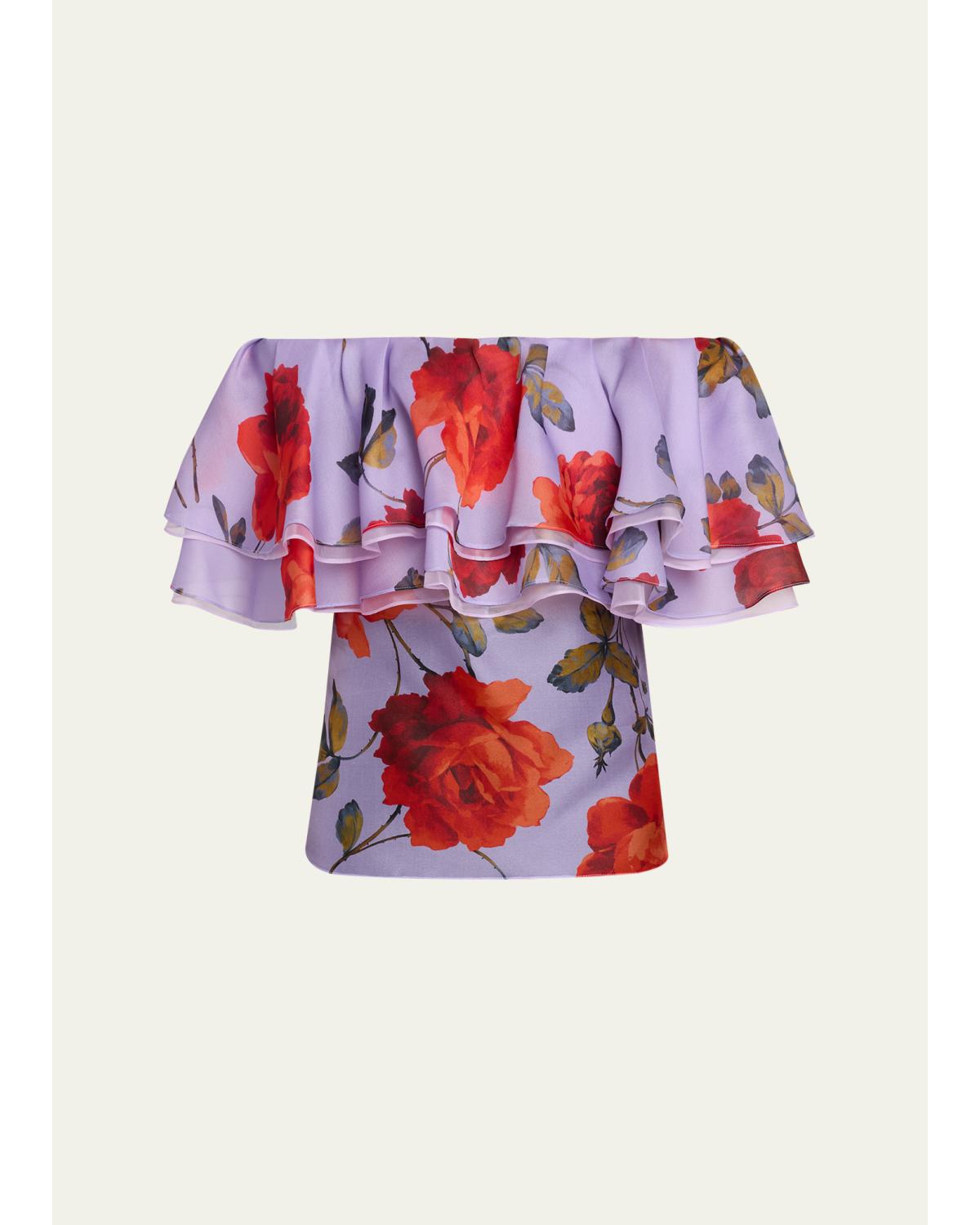 Rose Chiffon Off-The-Shoulder Ruffle Top
