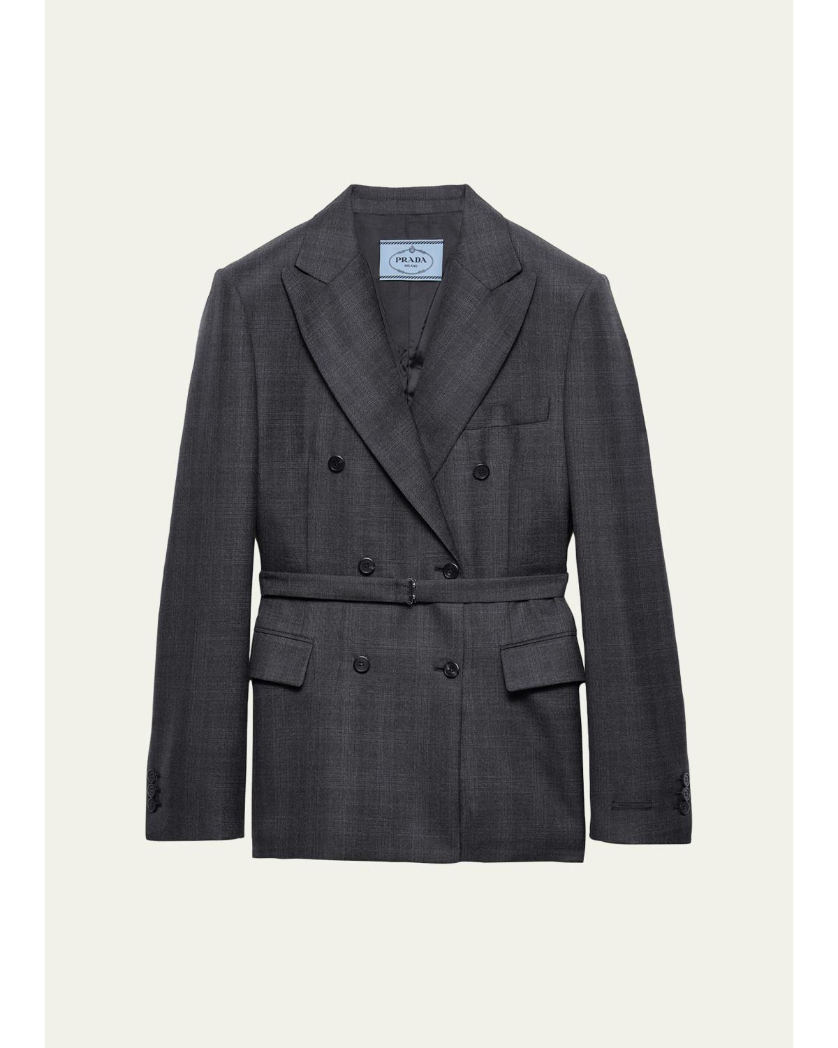 Belted Checked Wool Double-Breasted Jacket