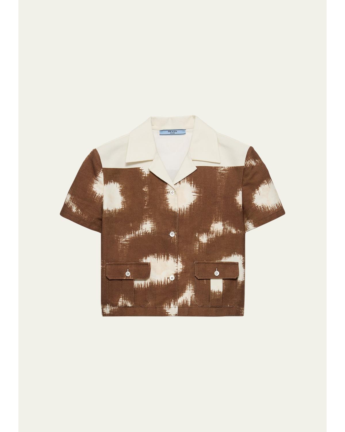 Abstract-Print Canvas Crop Bowling Shirt