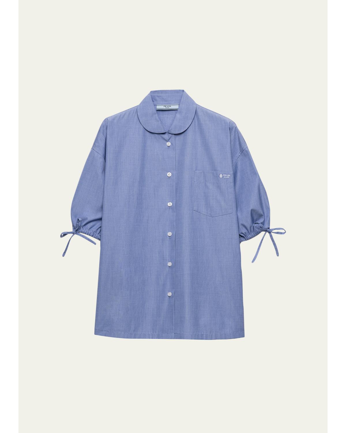 Puff-Sleeve Cotton Button-Down Top