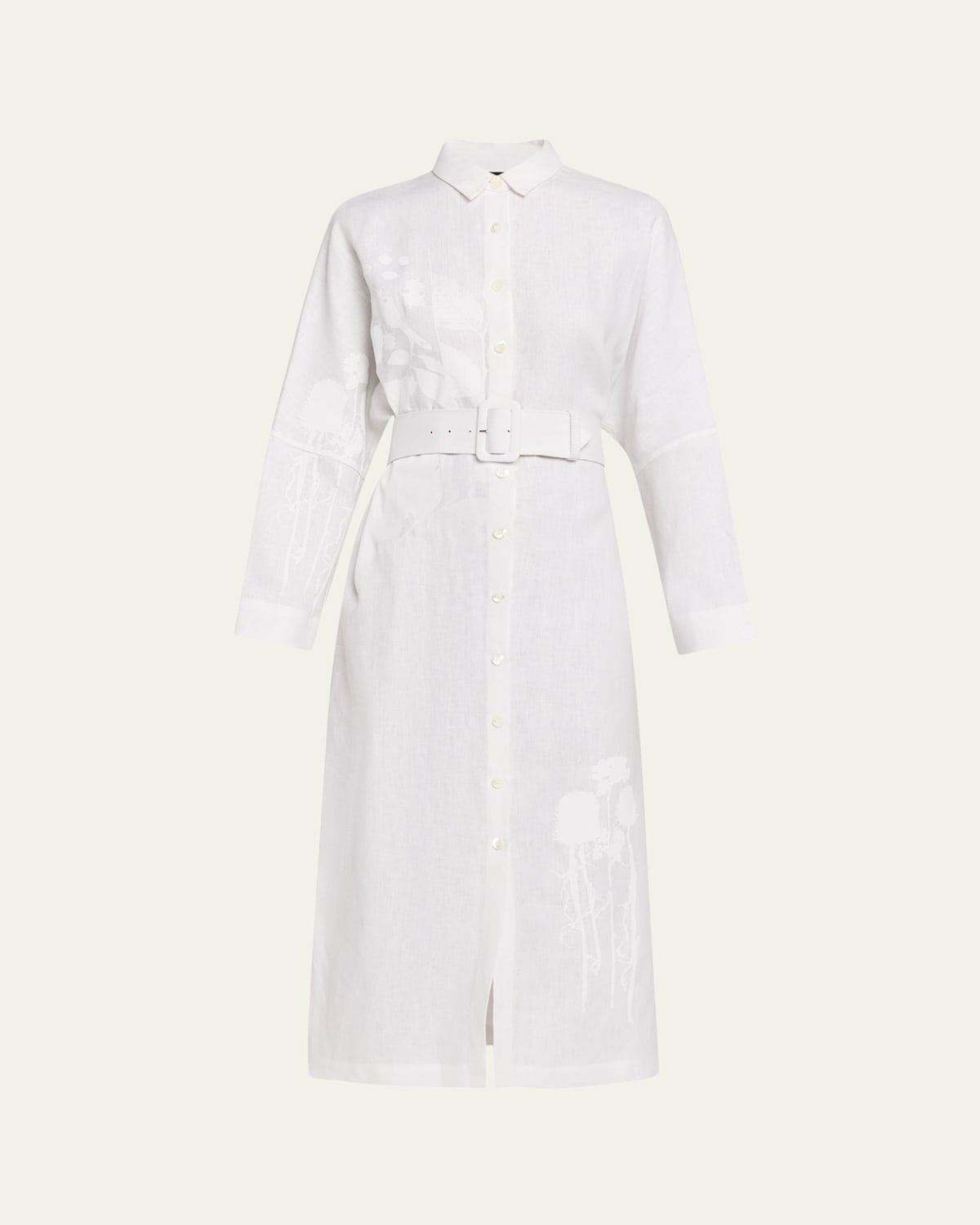Libertine White On White Hand Silk Screen Belted Linen Shirtdress