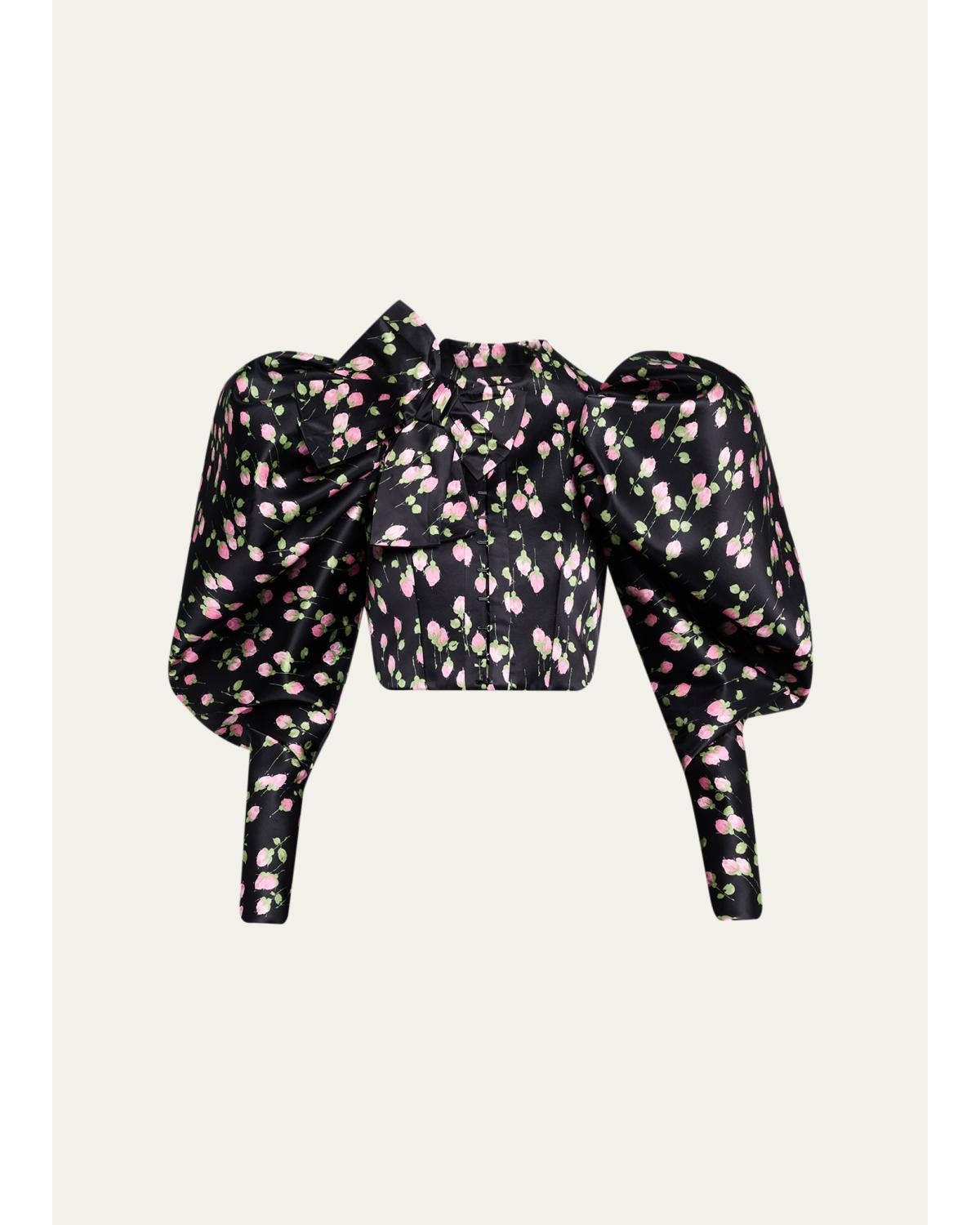 Rose-Print Satin Bow Balloon-Sleeve Crop Jacket