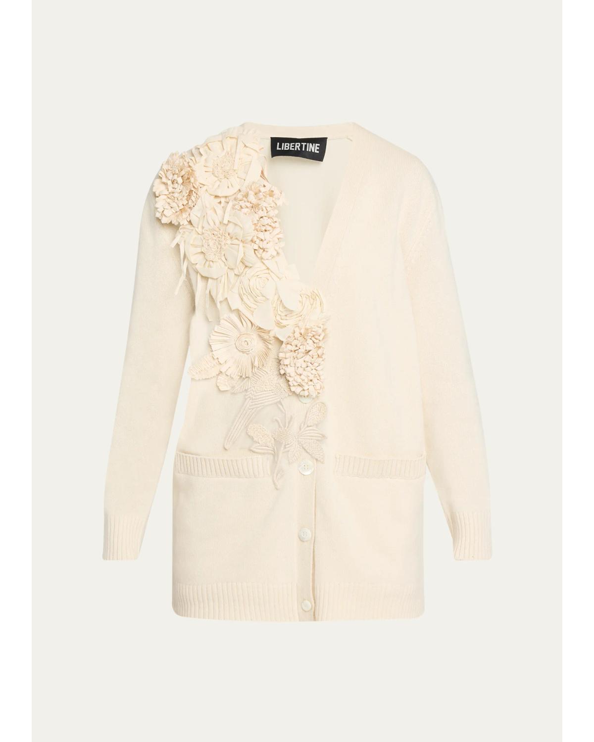 Libertine Fabric Flowers Oversized Cardigan In Porcelain