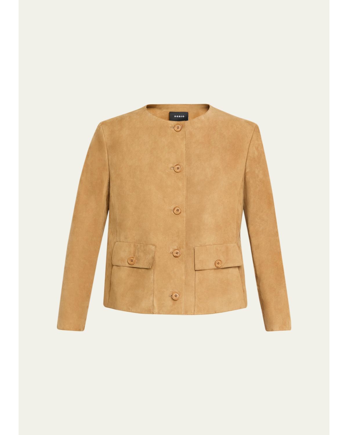 Collarless Suede Single-Breasted Jacket