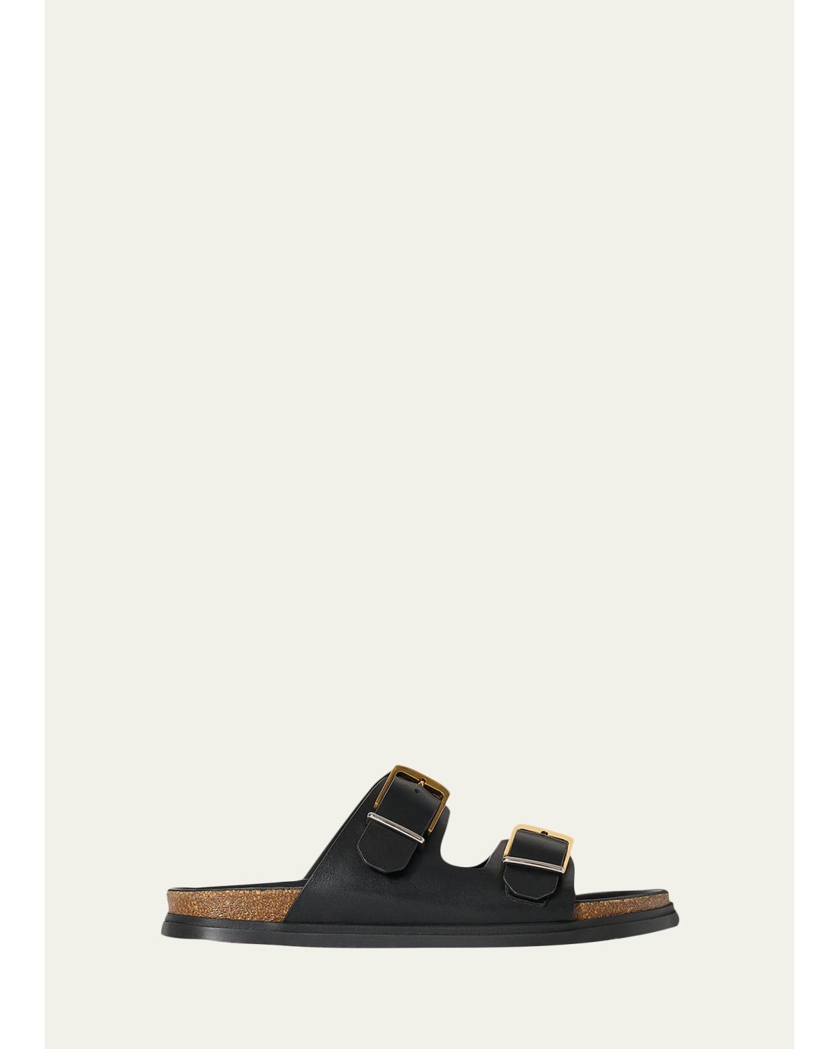 Leather Dual-Buckle Slide Sandals