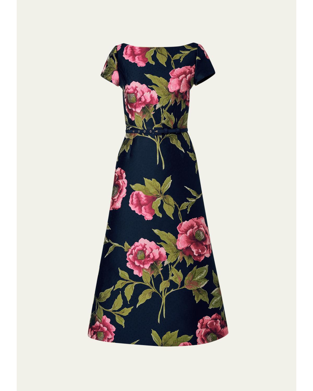 Metallic Floral Jacquard Short-Sleeve Belted Midi Dress