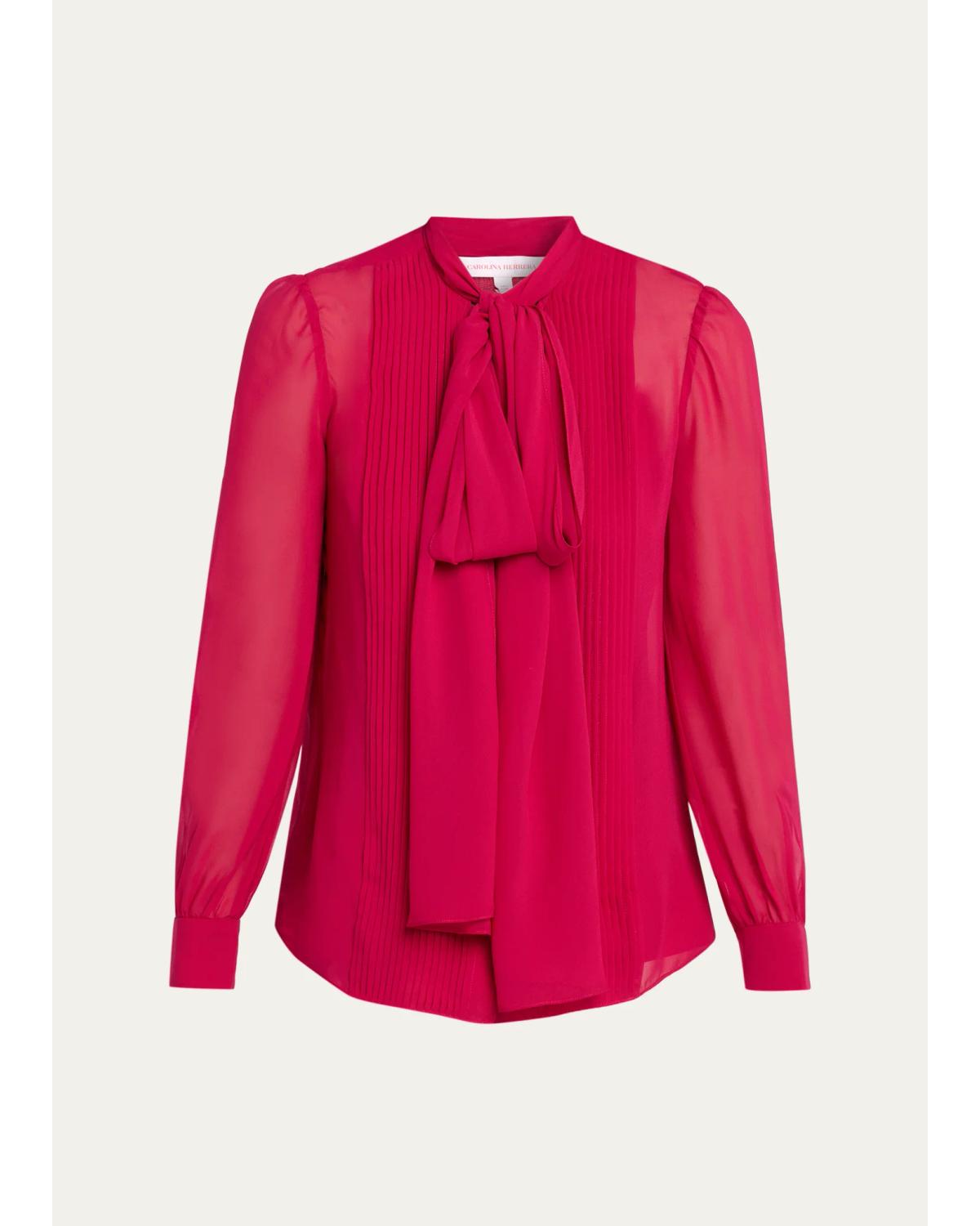 Pleated Silk Georgette Bow-Neck Blouse