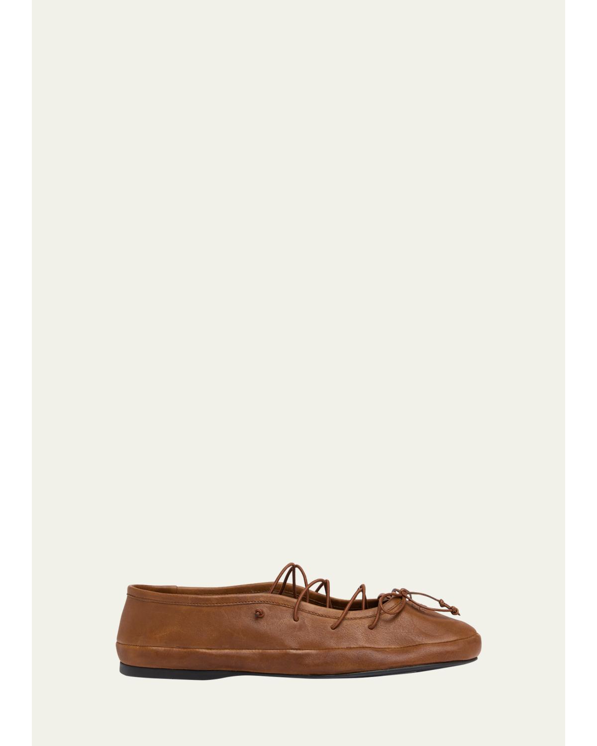 Vitello Leather Lace-Up Ballerina Flats